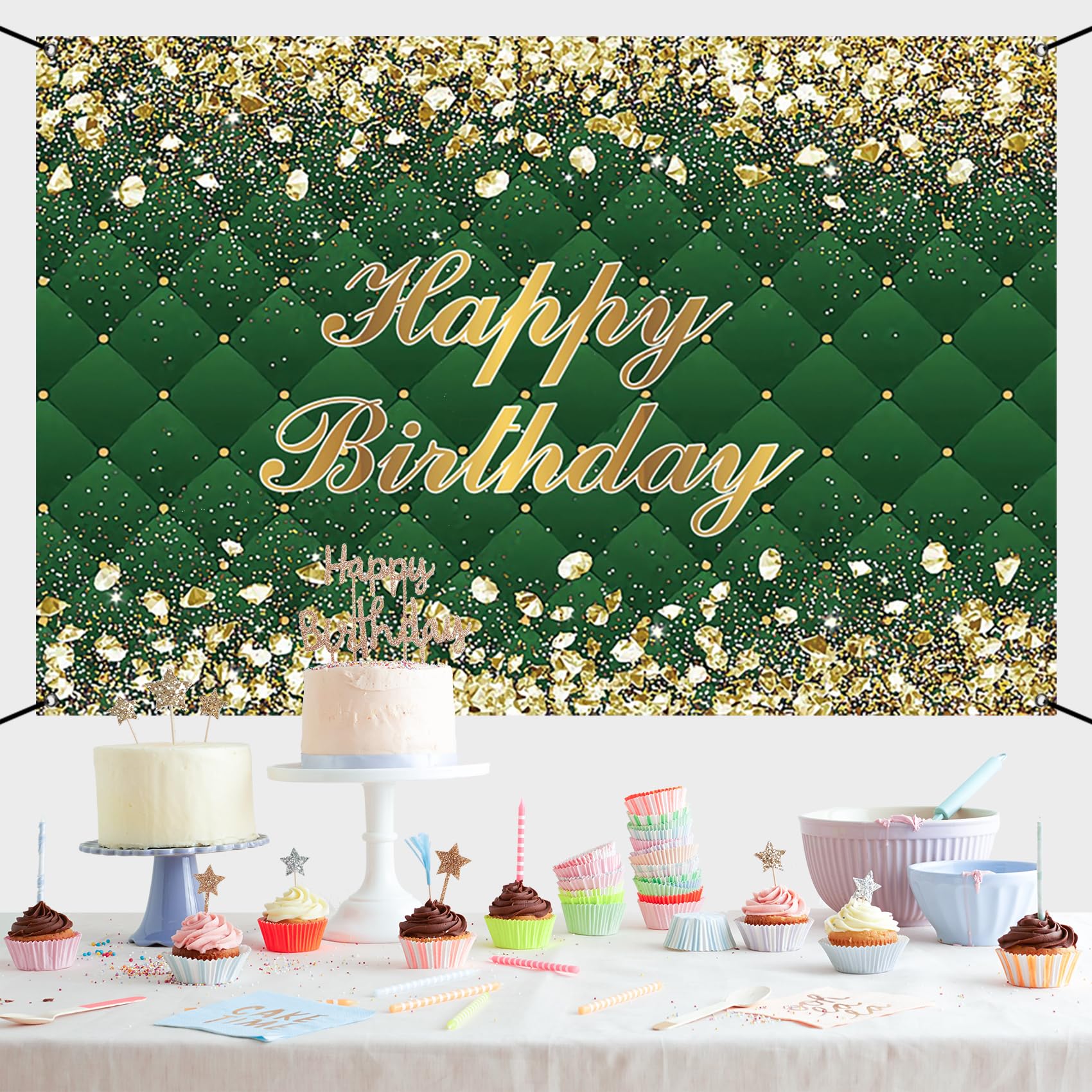Renaiss 6x3.6ft Happy Birthday Banner Gold Diamonds Green Party Decoration Supplies Royal Green Happy Birthday Wallpaper Background For Men Women 30th 40th 50th 60th 70th 80th Bday Yard Sign - Image 7