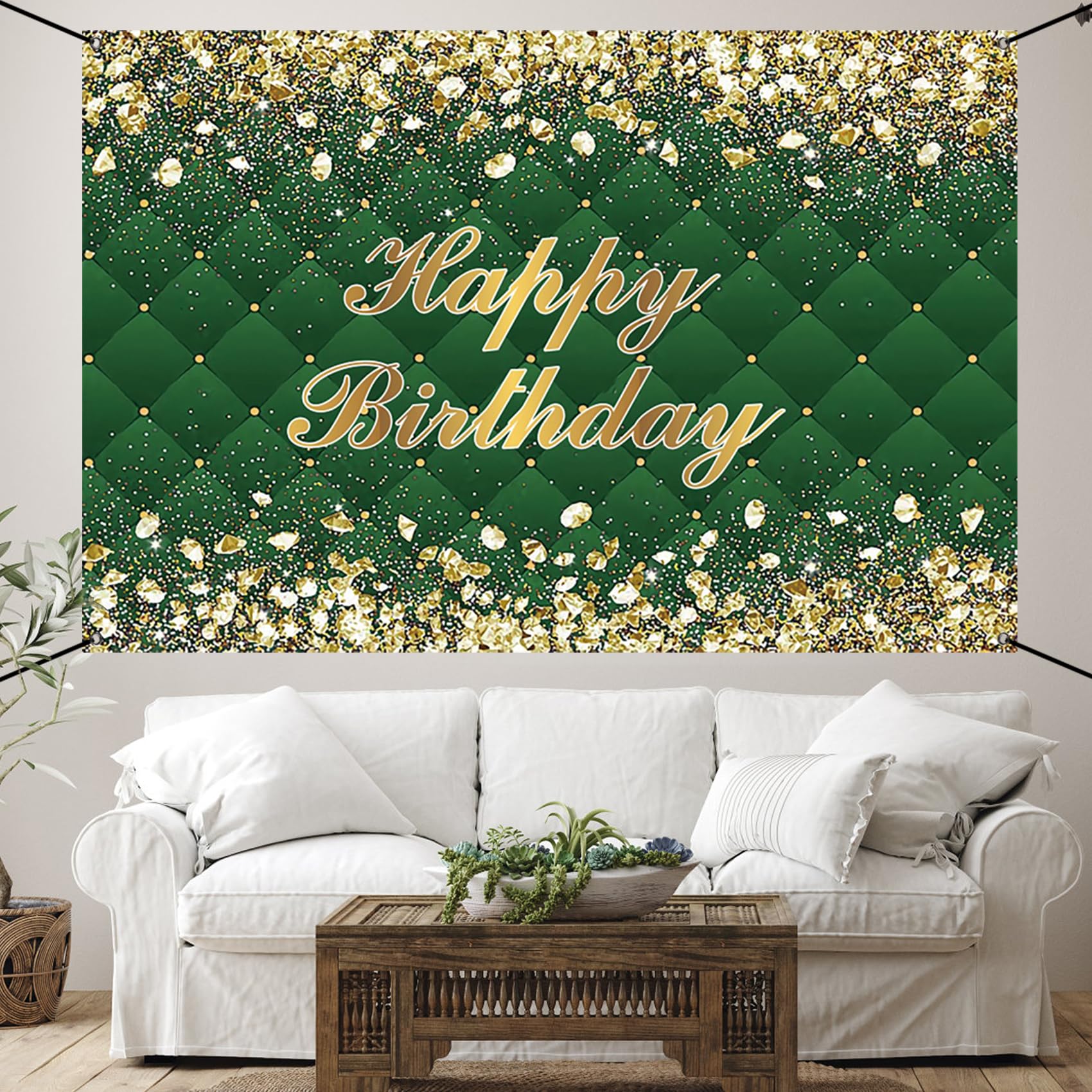 Renaiss 6x3.6ft Happy Birthday Banner Gold Diamonds Green Party Decoration Supplies Royal Green Happy Birthday Wallpaper Background For Men Women 30th 40th 50th 60th 70th 80th Bday Yard Sign - Image 8