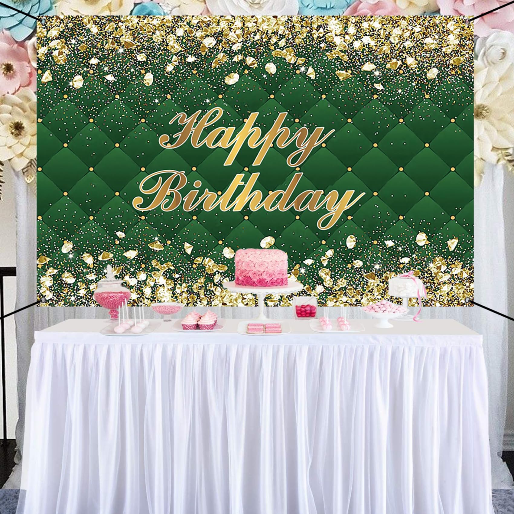 Renaiss 6x3.6ft Happy Birthday Banner Gold Diamonds Green Party Decoration Supplies Royal Green Happy Birthday Wallpaper Background For Men Women 30th 40th 50th 60th 70th 80th Bday Yard Sign - Image 9