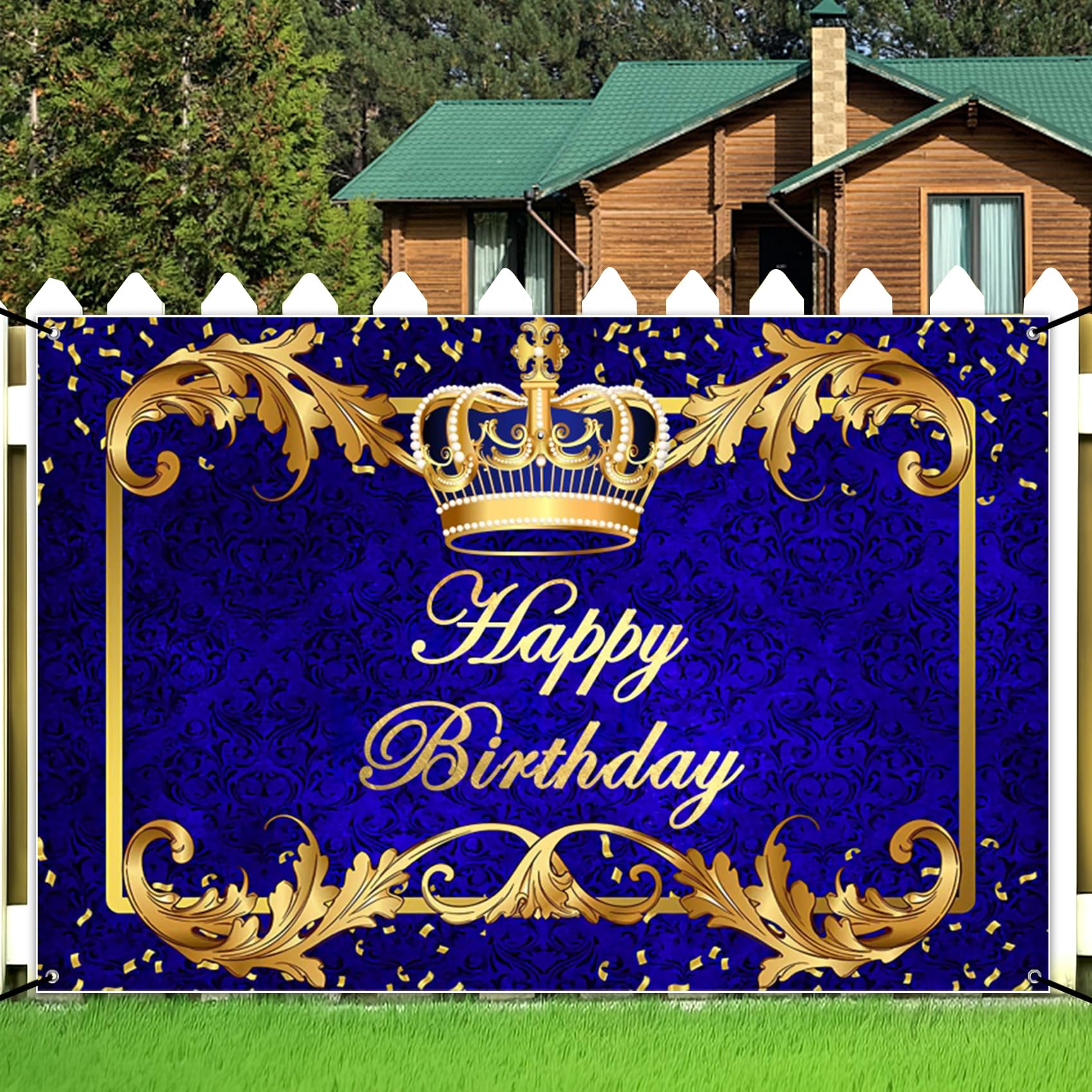 Renaiss 6x3.6ft Happy Birthday Banner Royal Blue Prince Birthday Party Decoration Gold Crown King Theme Birthday Party Supplies Royal Blue and Gold Boys Man Birthday Yard Sign Photography Background - Image 3