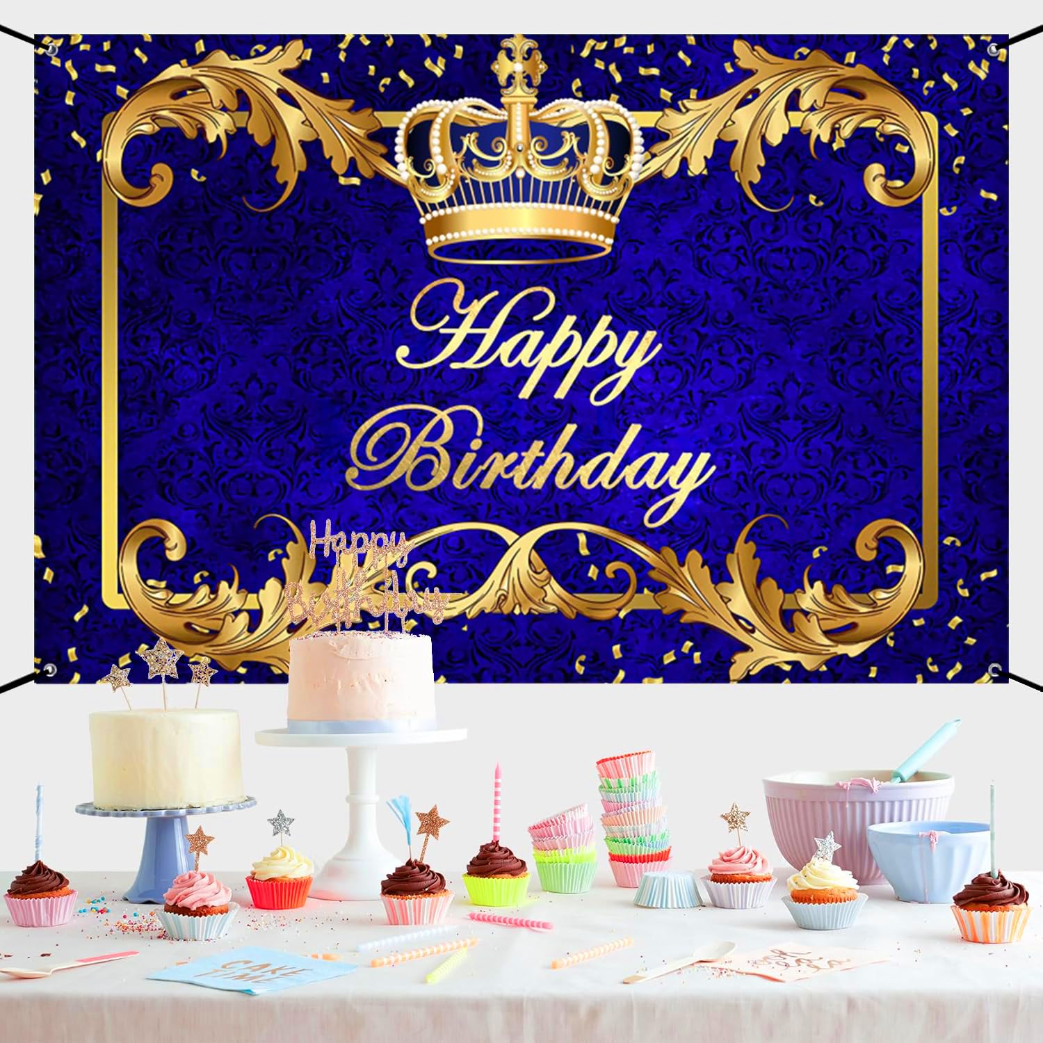Renaiss 6x3.6ft Happy Birthday Banner Royal Blue Prince Birthday Party Decoration Gold Crown King Theme Birthday Party Supplies Royal Blue and Gold Boys Man Birthday Yard Sign Photography Background - Image 4