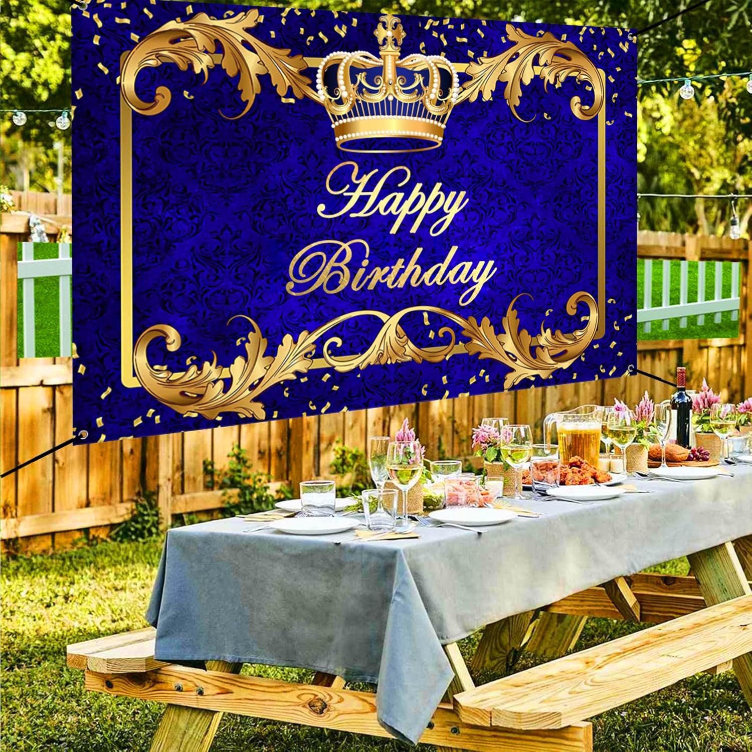 Renaiss 6x3.6ft Happy Birthday Banner Royal Blue Prince Birthday Party Decoration Gold Crown King Theme Birthday Party Supplies Royal Blue and Gold Boys Man Birthday Yard Sign Photography Background - Image 5