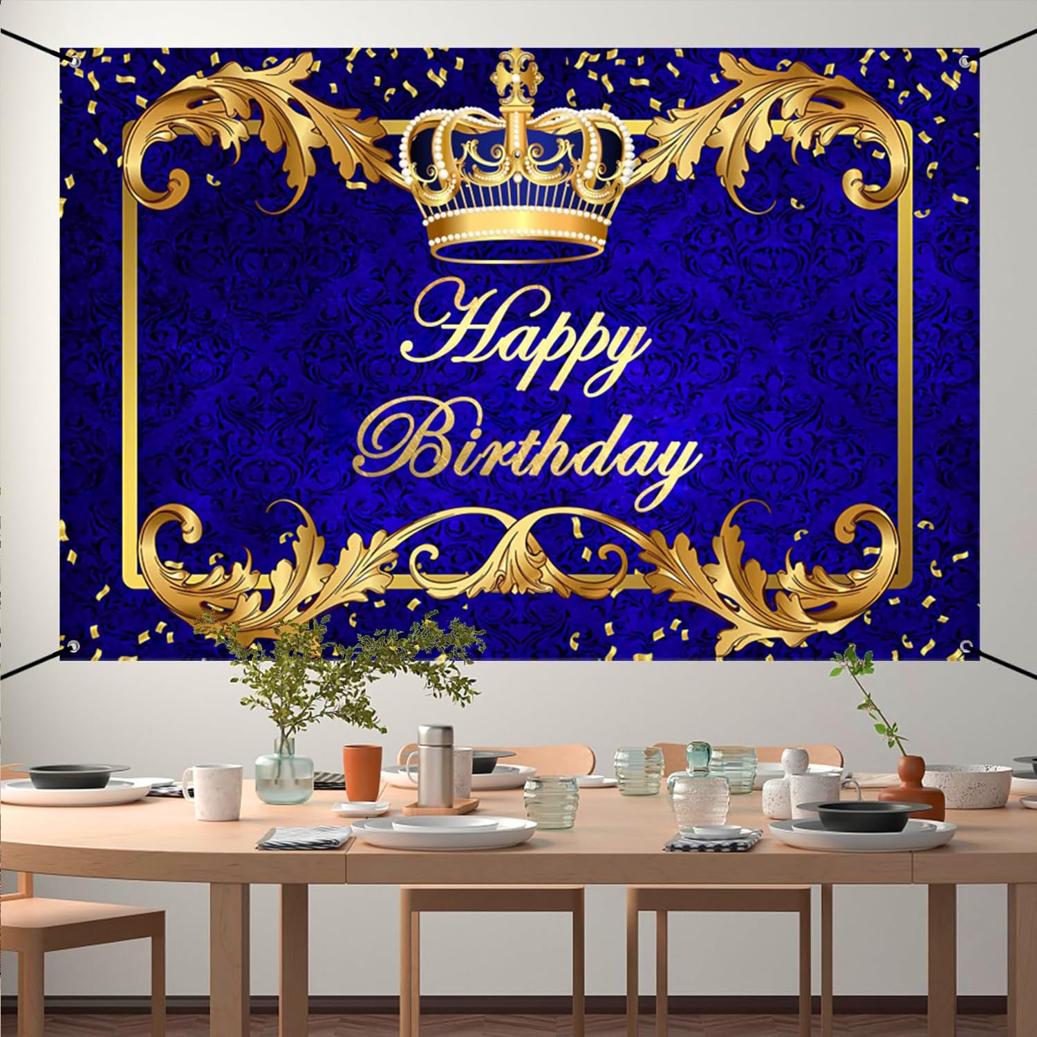 Renaiss 6x3.6ft Happy Birthday Banner Royal Blue Prince Birthday Party Decoration Gold Crown King Theme Birthday Party Supplies Royal Blue and Gold Boys Man Birthday Yard Sign Photography Background - Image 6
