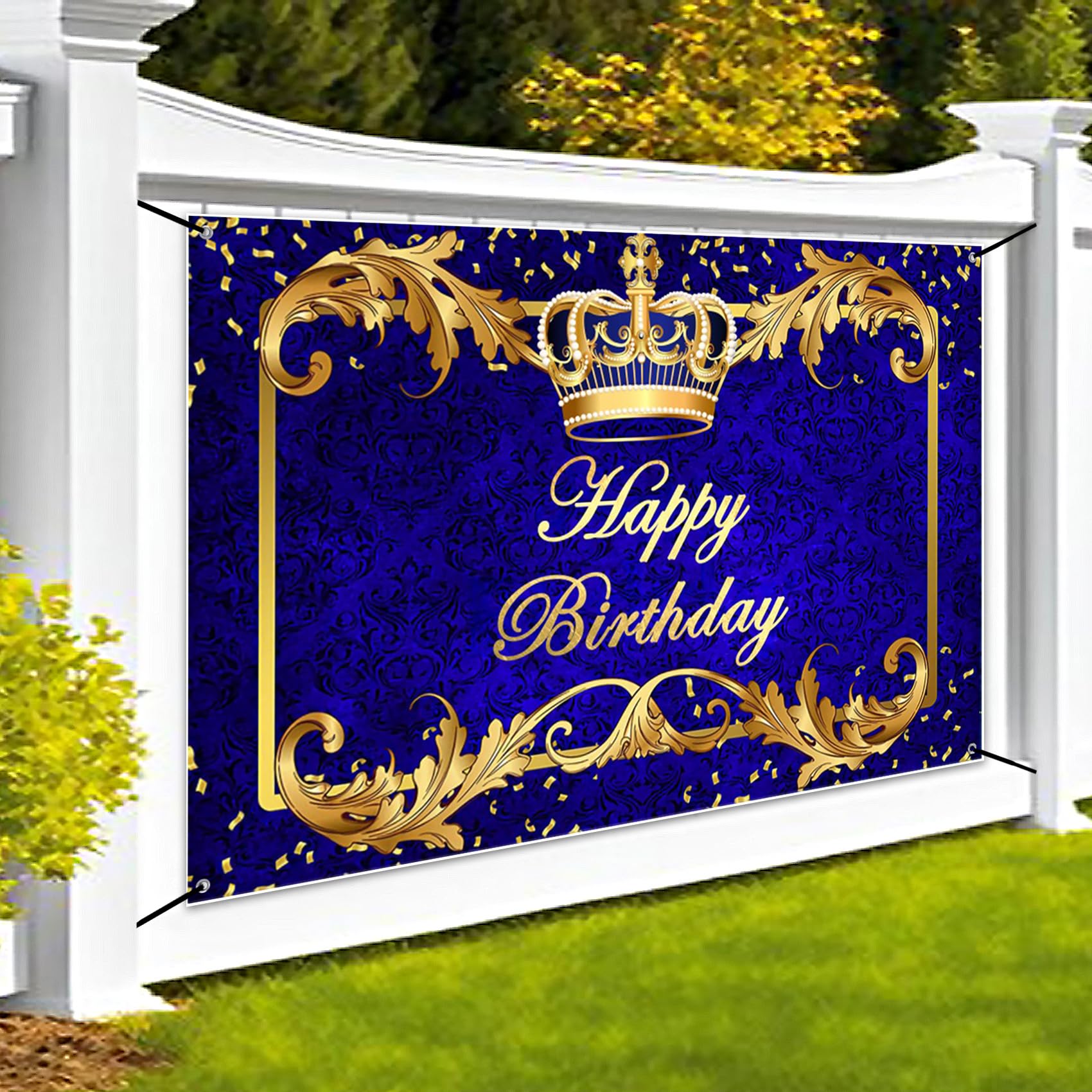 Renaiss 6x3.6ft Happy Birthday Banner Royal Blue Prince Birthday Party Decoration Gold Crown King Theme Birthday Party Supplies Royal Blue and Gold Boys Man Birthday Yard Sign Photography Background - Image 7