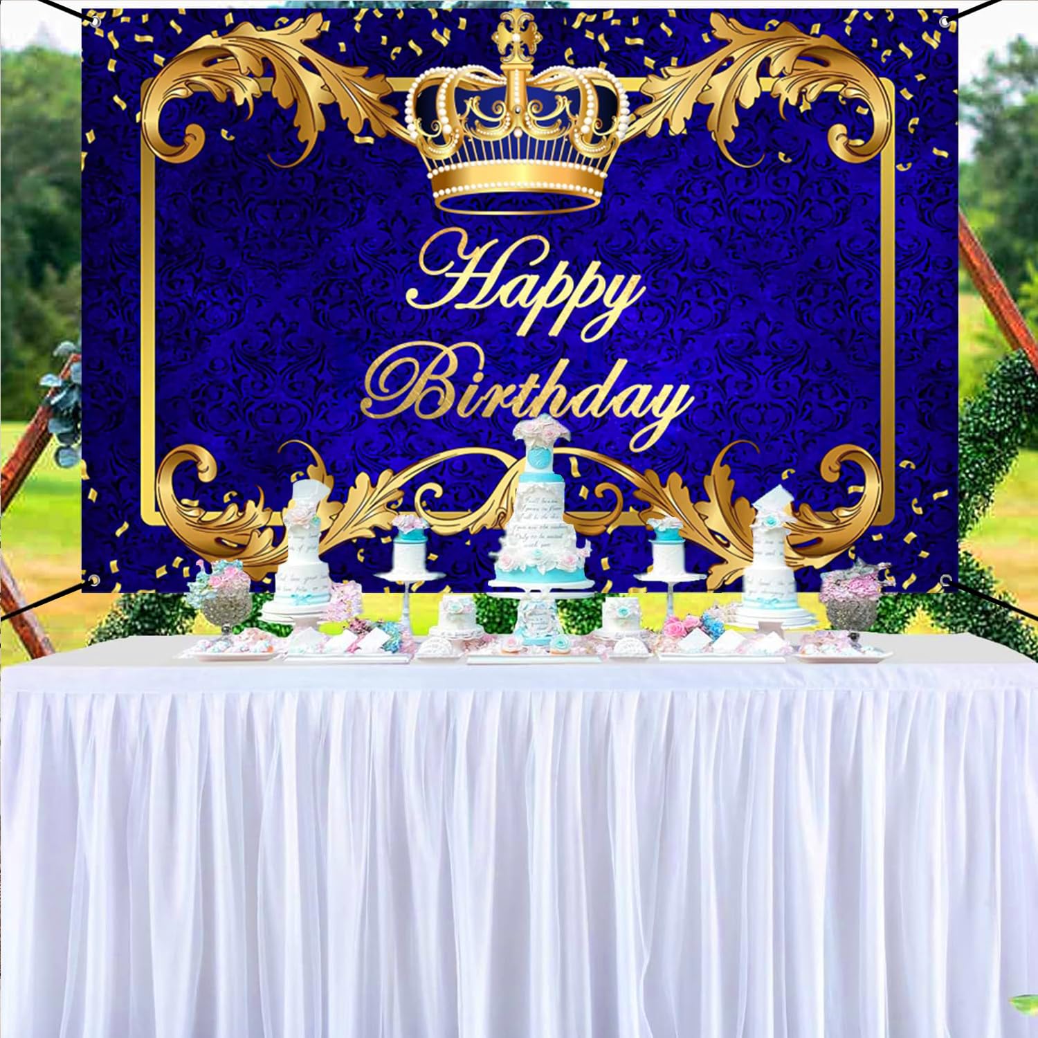 Renaiss 6x3.6ft Happy Birthday Banner Royal Blue Prince Birthday Party Decoration Gold Crown King Theme Birthday Party Supplies Royal Blue and Gold Boys Man Birthday Yard Sign Photography Background - Image 8