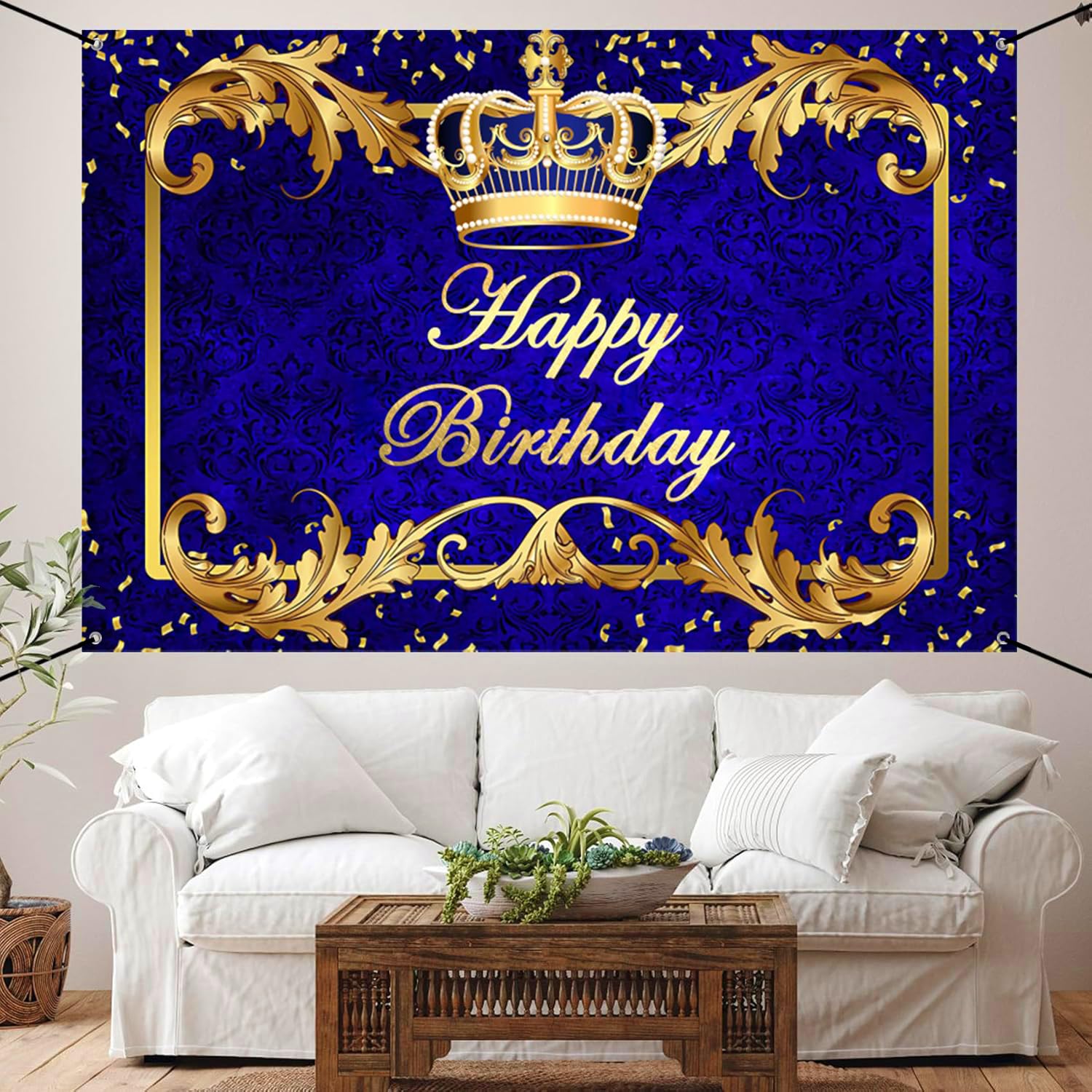 Renaiss 6x3.6ft Happy Birthday Banner Royal Blue Prince Birthday Party Decoration Gold Crown King Theme Birthday Party Supplies Royal Blue and Gold Boys Man Birthday Yard Sign Photography Background - Image 9