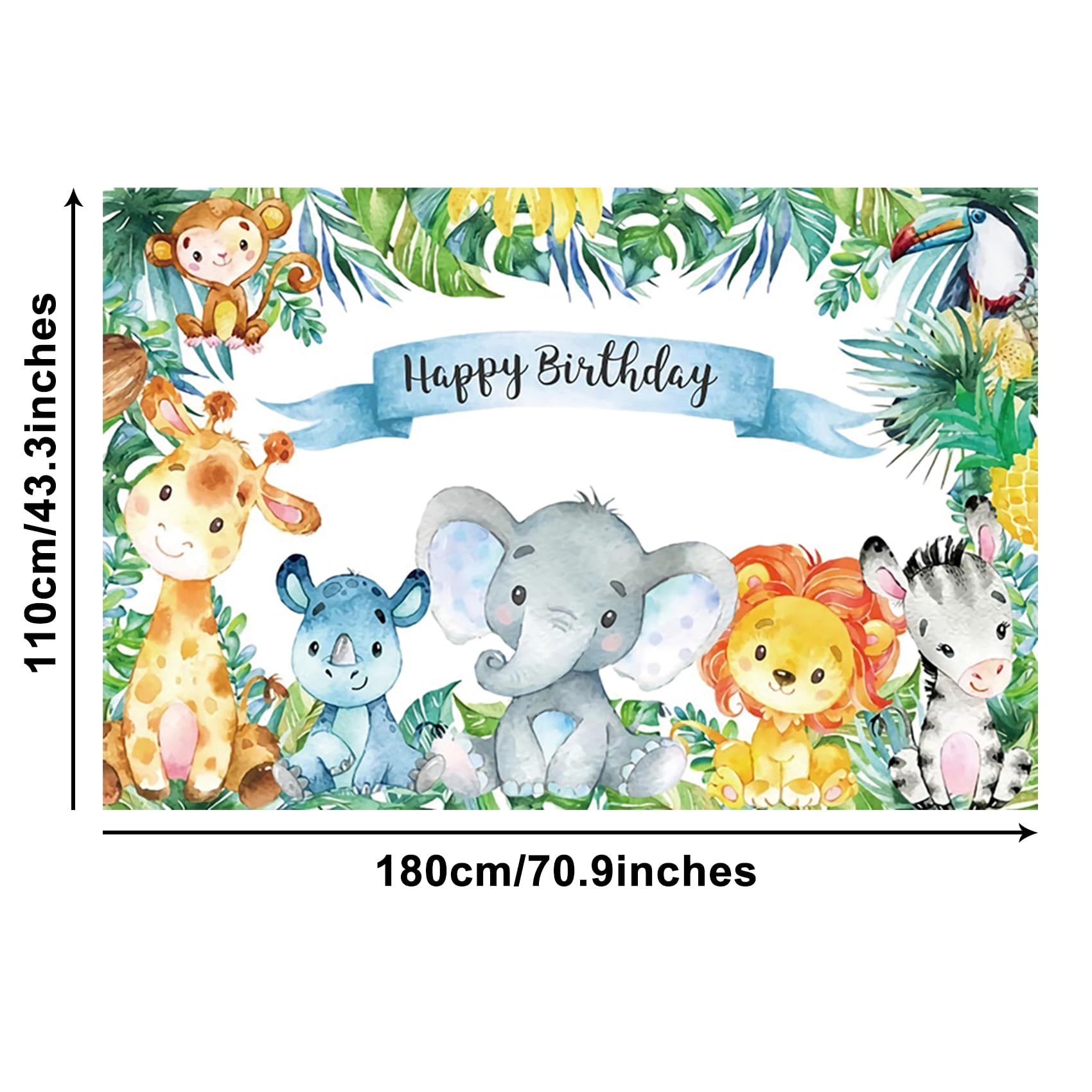 Renaiss 6x3.6ft Happy Birthday Banner - Safari Wild Animals Kids Party Decoration - Tropical Jungle Forest Children Decor - Giraffe Elephant Lion Background - Image 4