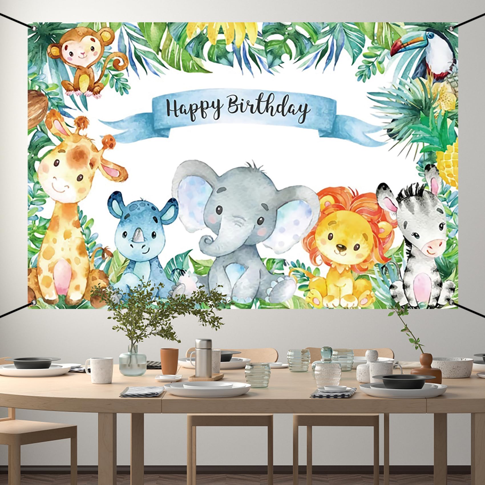Renaiss 6x3.6ft Happy Birthday Banner - Safari Wild Animals Kids Party Decoration - Tropical Jungle Forest Children Decor - Giraffe Elephant Lion Background - Image 5