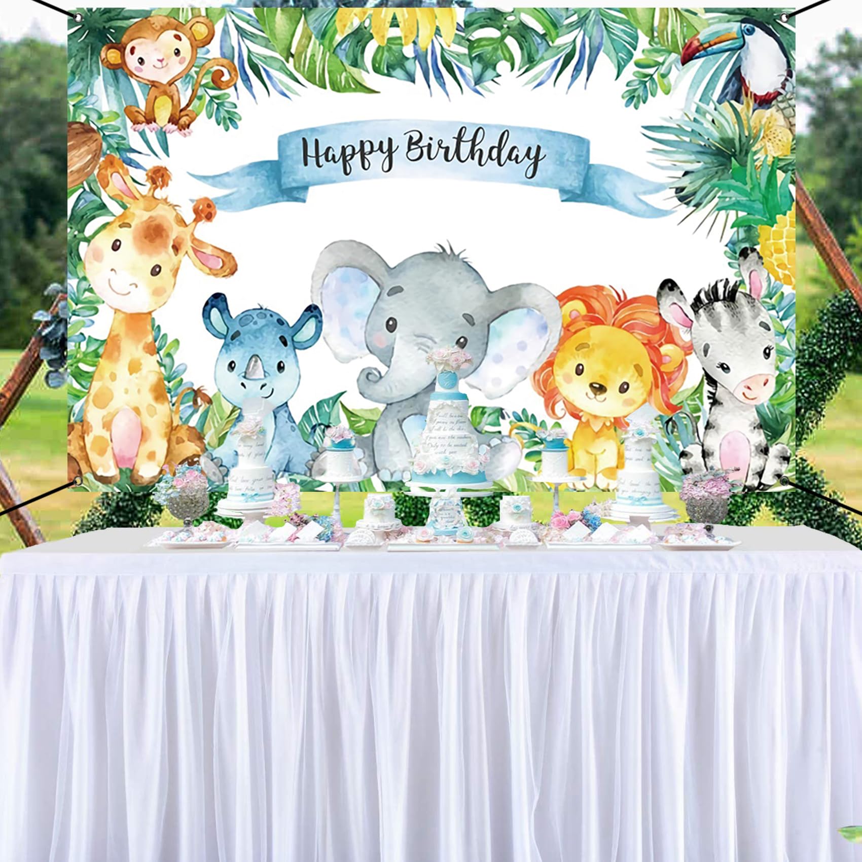 Renaiss 6x3.6ft Happy Birthday Banner - Safari Wild Animals Kids Party Decoration - Tropical Jungle Forest Children Decor - Giraffe Elephant Lion Background - Image 6