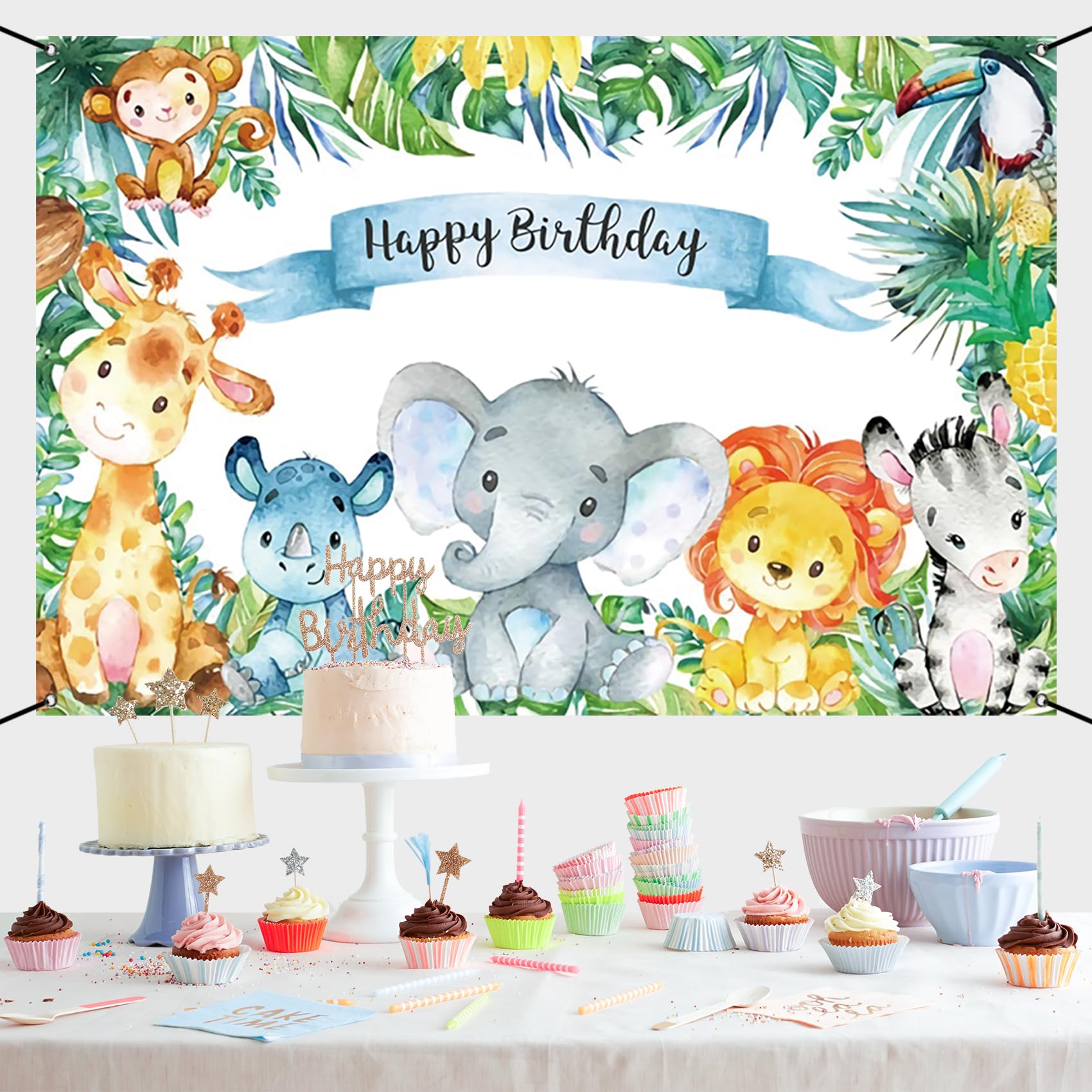 Renaiss 6x3.6ft Happy Birthday Banner - Safari Wild Animals Kids Party Decoration - Tropical Jungle Forest Children Decor - Giraffe Elephant Lion Background - Image 7