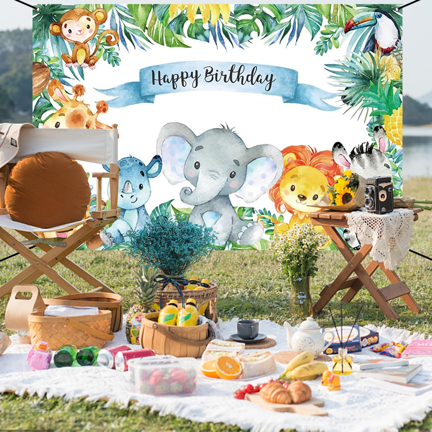 Renaiss 6x3.6ft Happy Birthday Banner - Safari Wild Animals Kids Party Decoration - Tropical Jungle Forest Children Decor - Giraffe Elephant Lion Background - Image 8