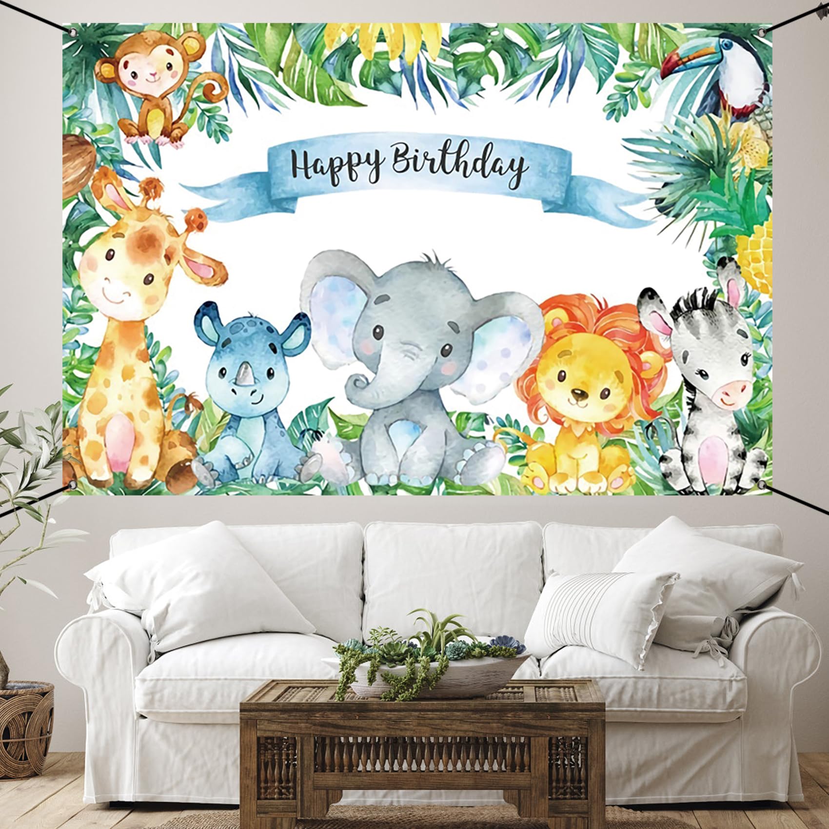 Renaiss 6x3.6ft Happy Birthday Banner - Safari Wild Animals Kids Party Decoration - Tropical Jungle Forest Children Decor - Giraffe Elephant Lion Background - Image 9