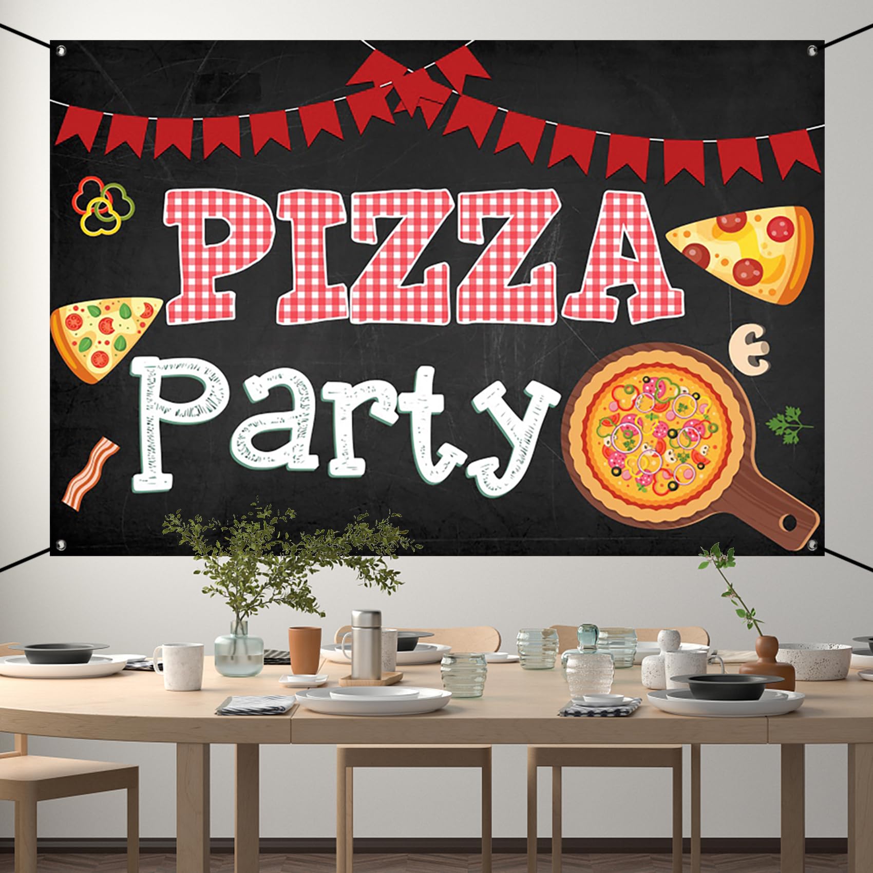 Renaiss 6x3.6ft Pizza Party Banner Blackboard Pizza Party Decorations Kids Cooking Theme Birthday Party Supplies Red Black Pizza Themed Newborn Baby Shower Large Yard Sign Pizzeria Party Backdrop - Image 3