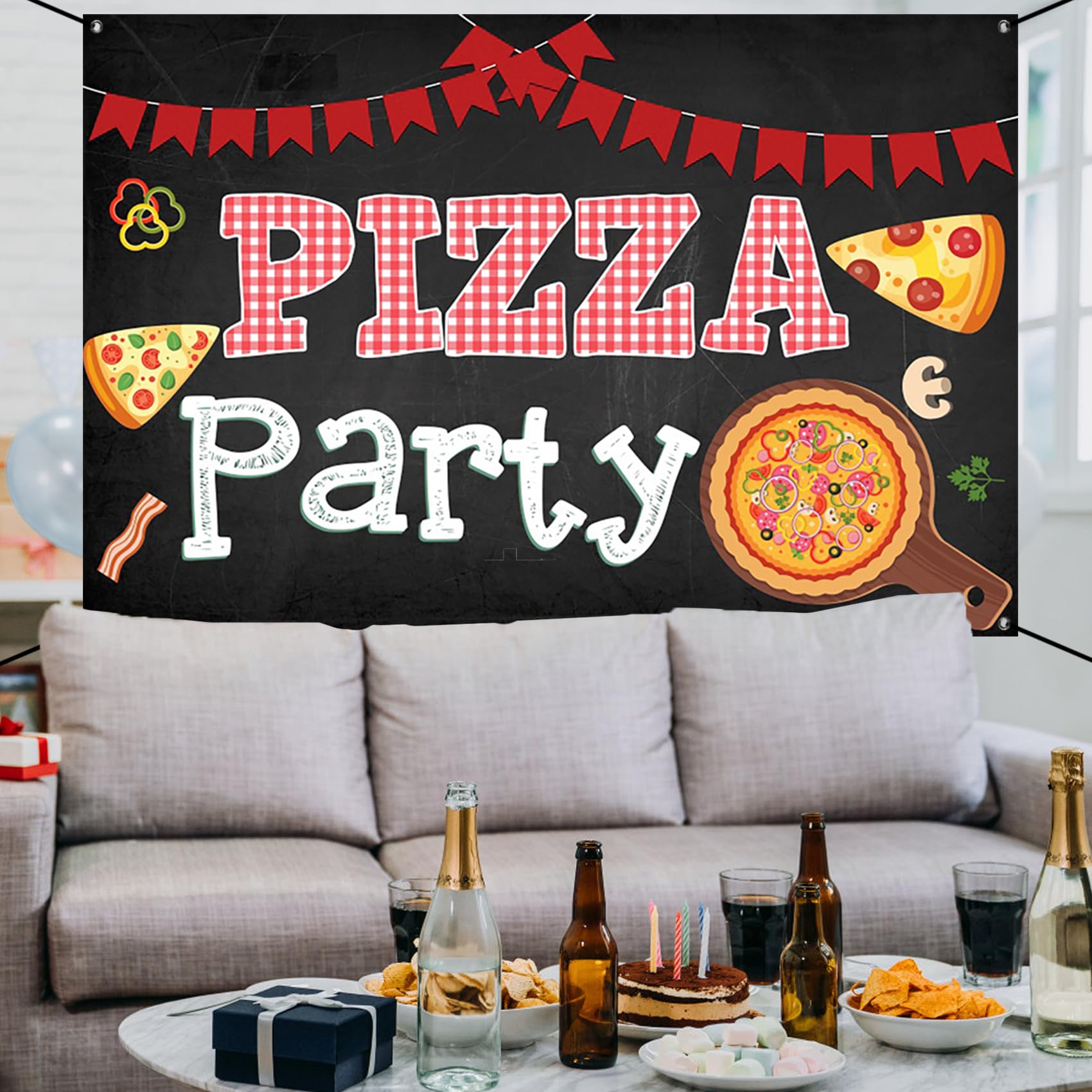 Renaiss 6x3.6ft Pizza Party Banner Blackboard Pizza Party Decorations Kids Cooking Theme Birthday Party Supplies Red Black Pizza Themed Newborn Baby Shower Large Yard Sign Pizzeria Party Backdrop - Image 6