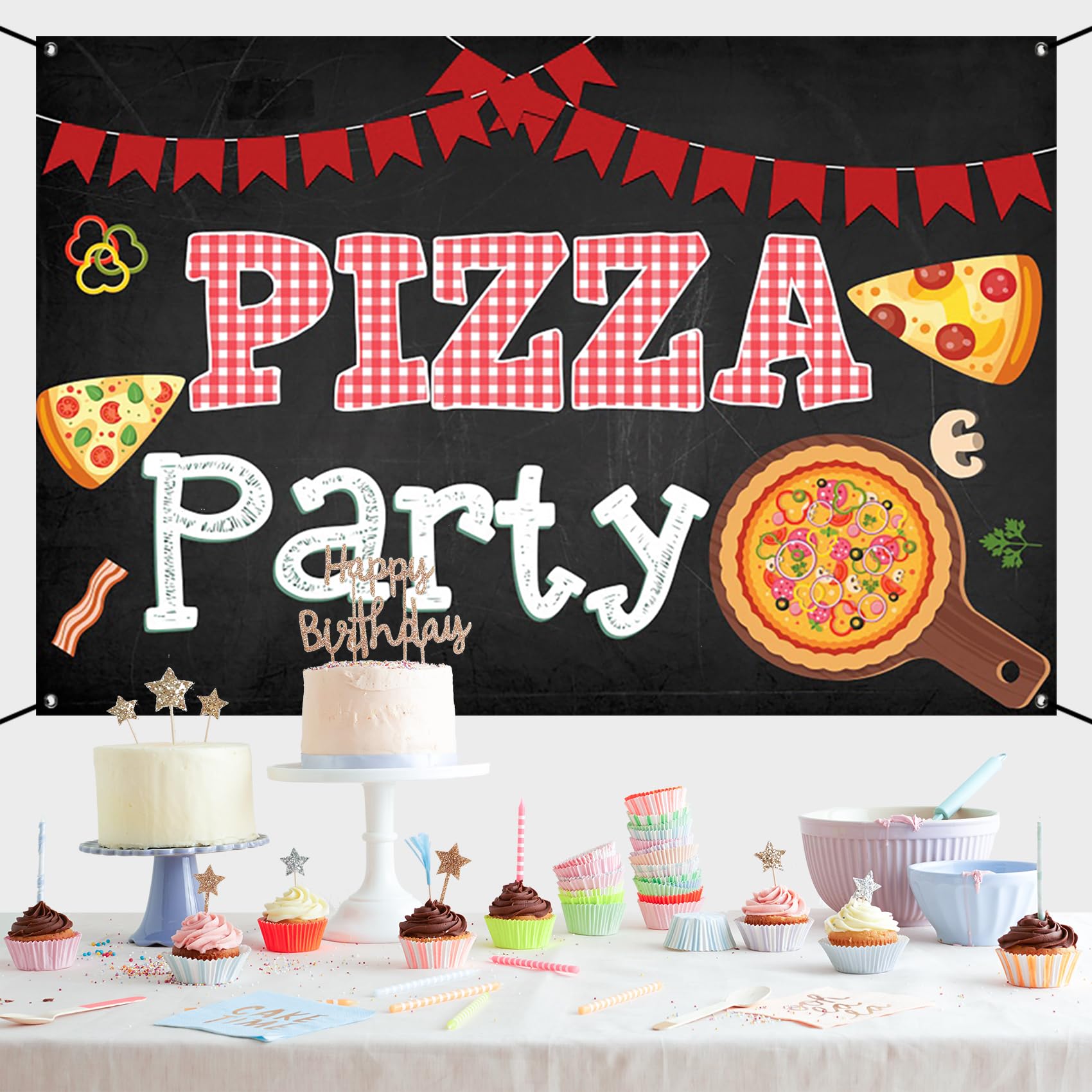 Renaiss 6x3.6ft Pizza Party Banner Blackboard Pizza Party Decorations Kids Cooking Theme Birthday Party Supplies Red Black Pizza Themed Newborn Baby Shower Large Yard Sign Pizzeria Party Backdrop - Image 8