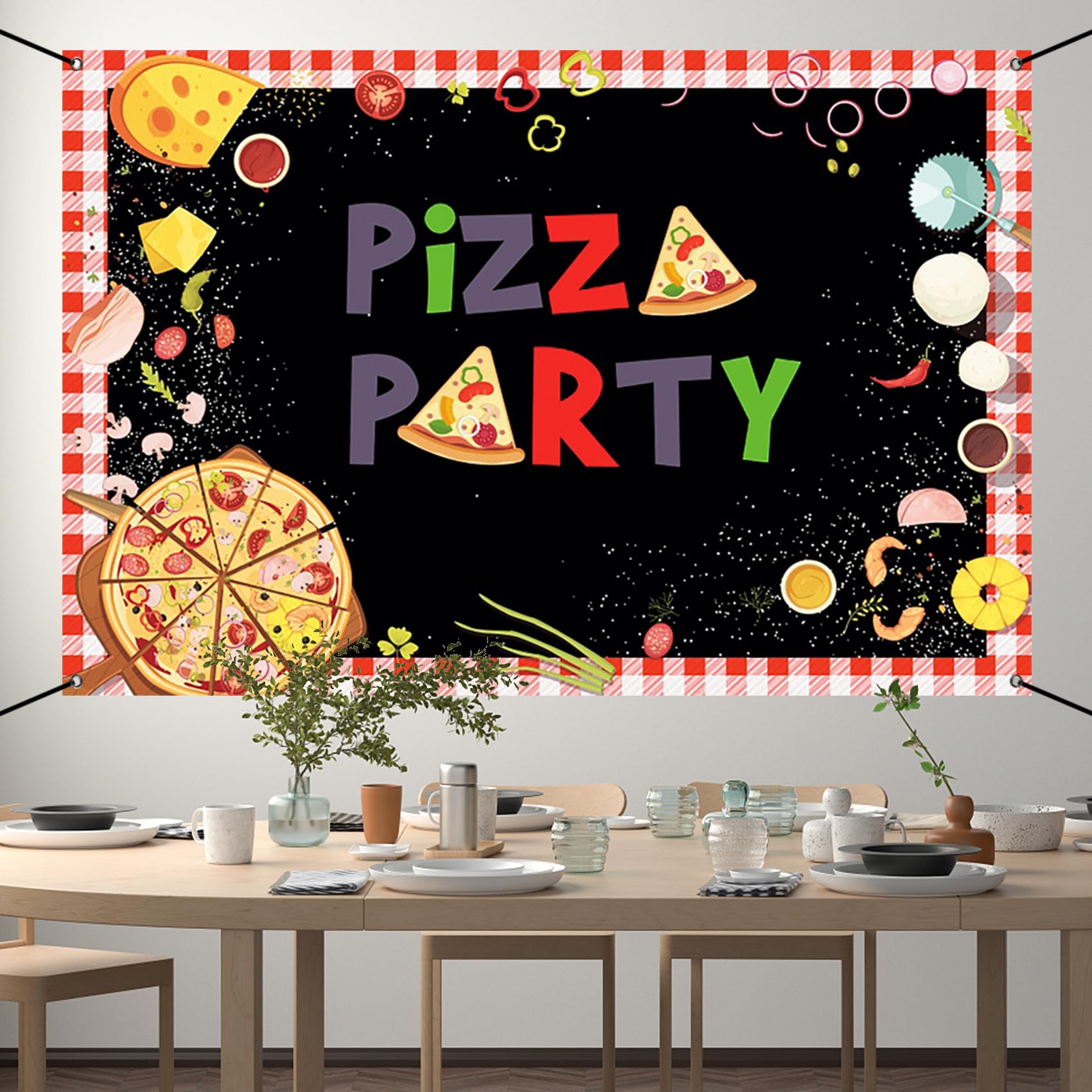 Renaiss 6x3.6ft Pizza Party Banner Kids Cooking Theme Birthday Party Decoration Red and Black Pizza Baby Shower Birthday Newborn Welcome Party Background Cooking Delicious Food Theme Party Yard Sign - Image 3
