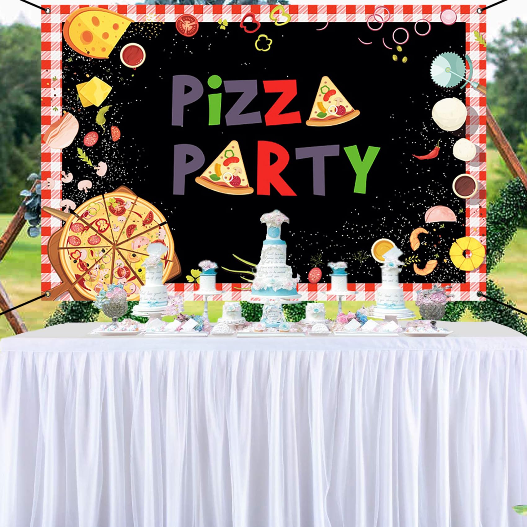 Renaiss 6x3.6ft Pizza Party Banner Kids Cooking Theme Birthday Party Decoration Red and Black Pizza Baby Shower Birthday Newborn Welcome Party Background Cooking Delicious Food Theme Party Yard Sign - Image 4