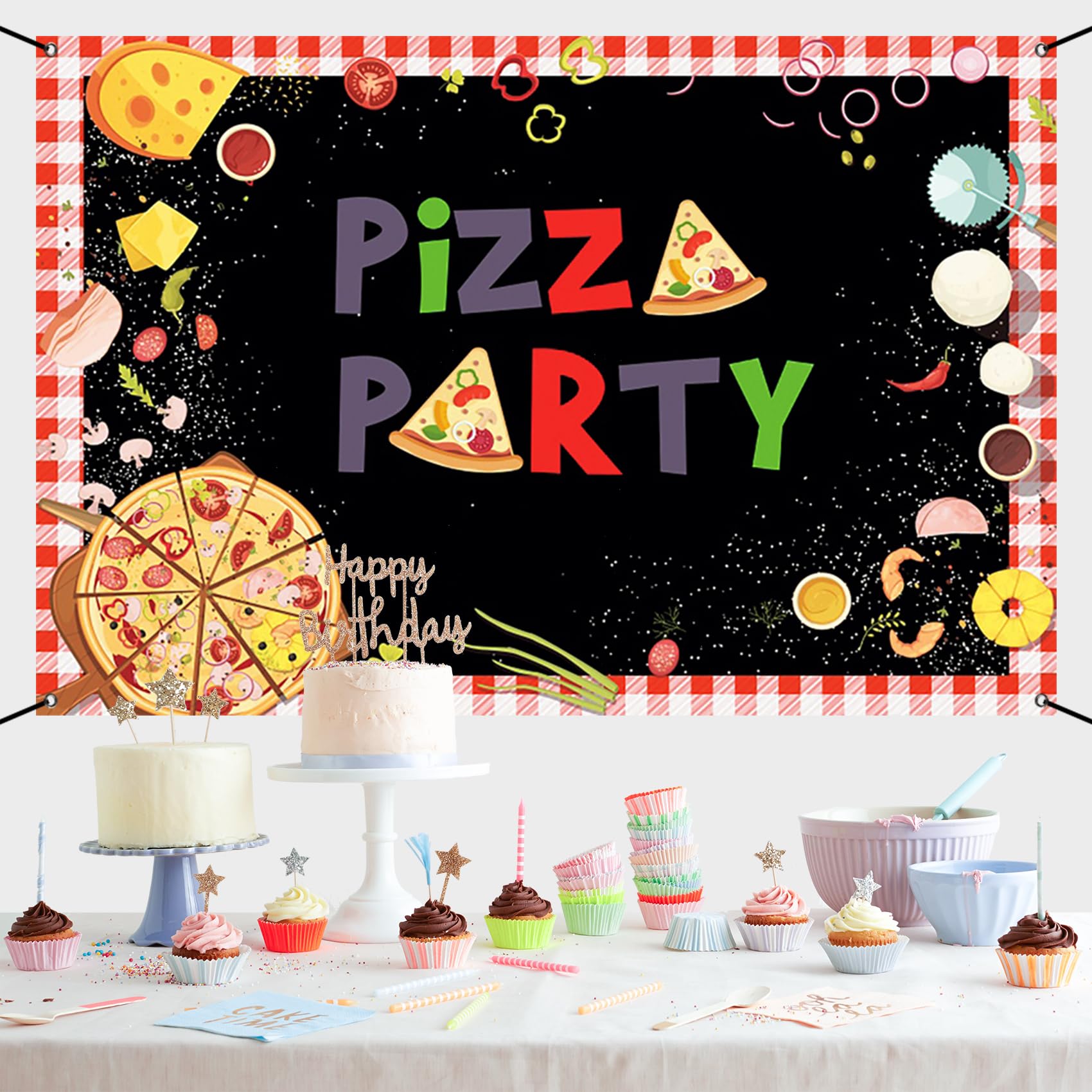 Renaiss 6x3.6ft Pizza Party Banner Kids Cooking Theme Birthday Party Decoration Red and Black Pizza Baby Shower Birthday Newborn Welcome Party Background Cooking Delicious Food Theme Party Yard Sign - Image 8