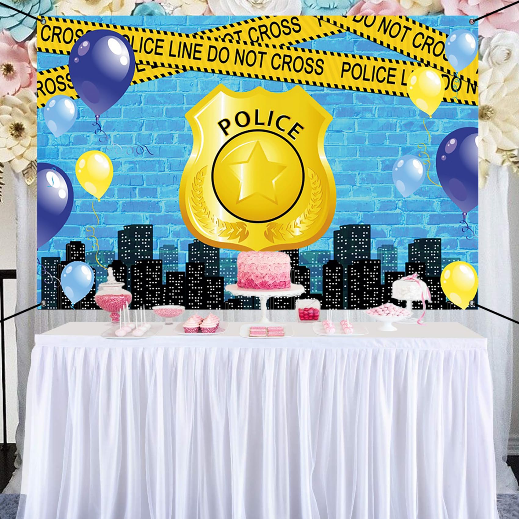 Renaiss 6x3.6ft Police Banner - Blue Brick Wall Party Decoration Warning Tape Background for Kids Birthday Yard Sign - Image 6