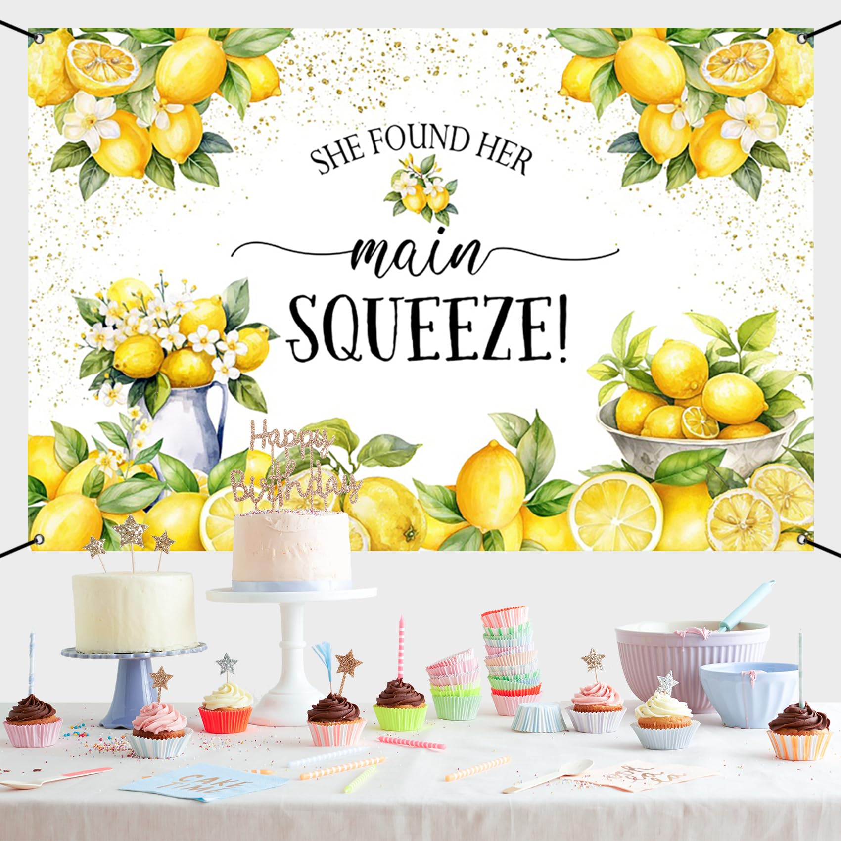 Renaiss 6x3.6ft She Found Her Main Squeeze Banner Lemon Themed Bridal Shower Party Decoration Lemonade Bachelorette Hanging Backdrop Green Lemon Bride to Be Wedding Engagement Party Cake Table Banner - Image 3