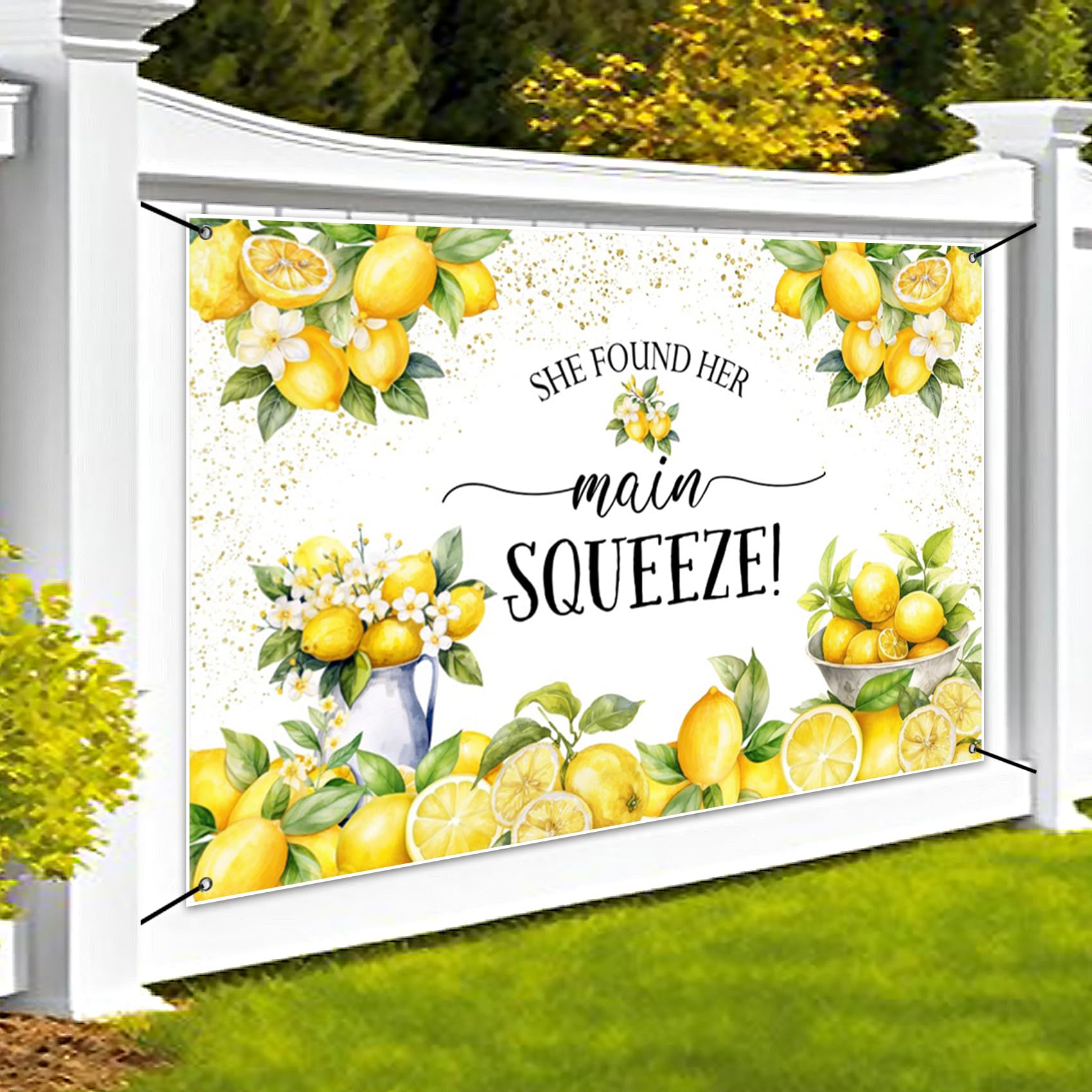 Renaiss 6x3.6ft She Found Her Main Squeeze Banner Lemon Themed Bridal Shower Party Decoration Lemonade Bachelorette Hanging Backdrop Green Lemon Bride to Be Wedding Engagement Party Cake Table Banner - Image 4