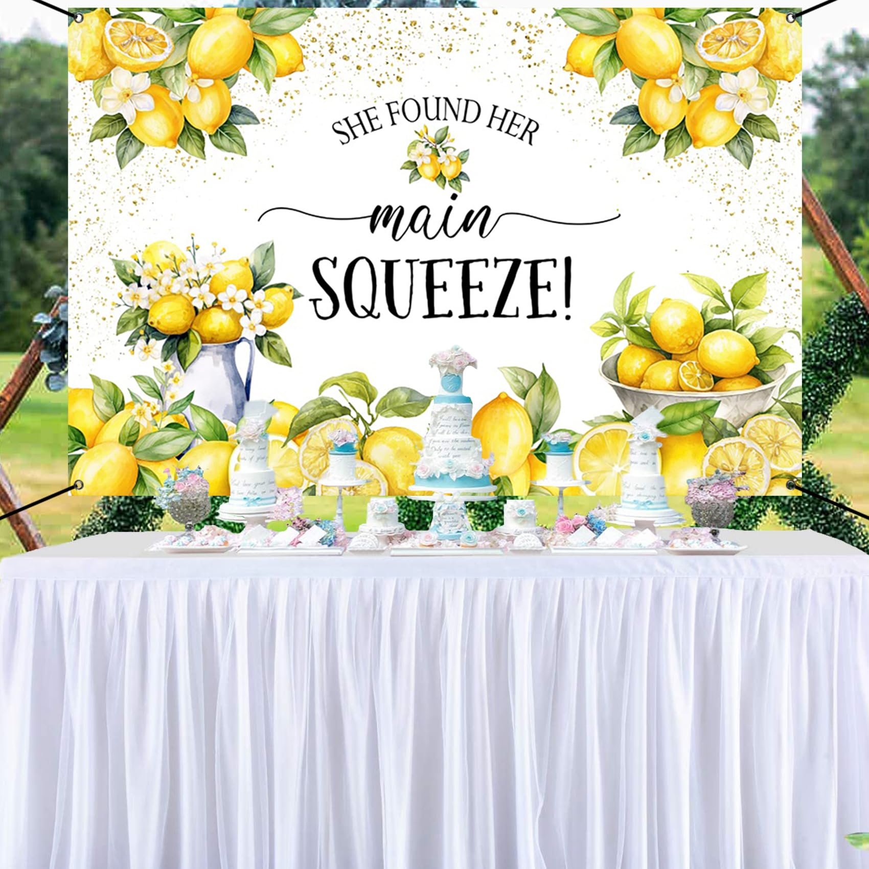 Renaiss 6x3.6ft She Found Her Main Squeeze Banner Lemon Themed Bridal Shower Party Decoration Lemonade Bachelorette Hanging Backdrop Green Lemon Bride to Be Wedding Engagement Party Cake Table Banner - Image 5