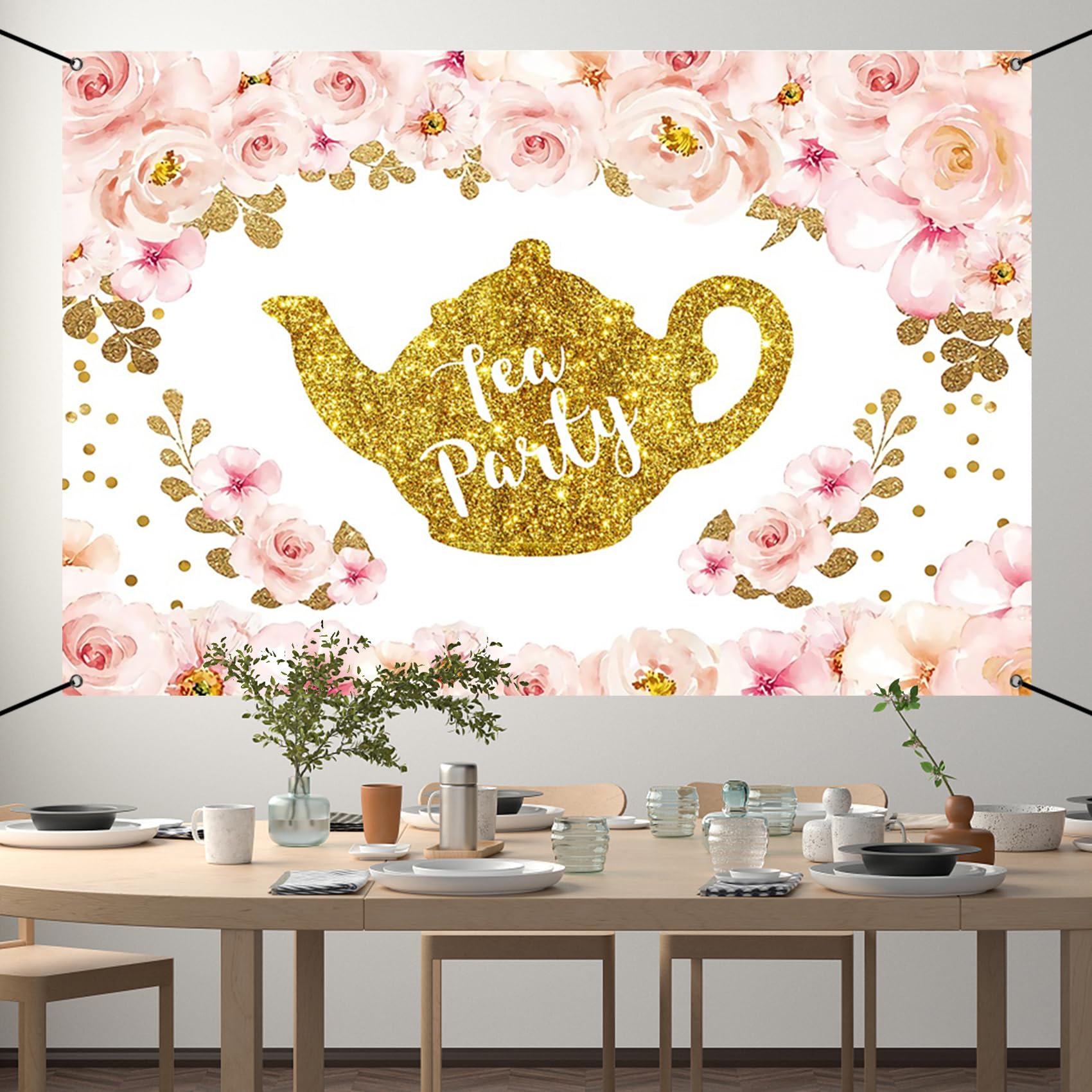 Renaiss 6x3.6ft Tea Party Banner Tea Party Theme Bridal Shower Decoration Pink Gold Glittering Teapot Tea Party Hanging Backdrop Princess Wonderland Tea Party Theme Birthday Baby Shower Yard Sign - Image 3