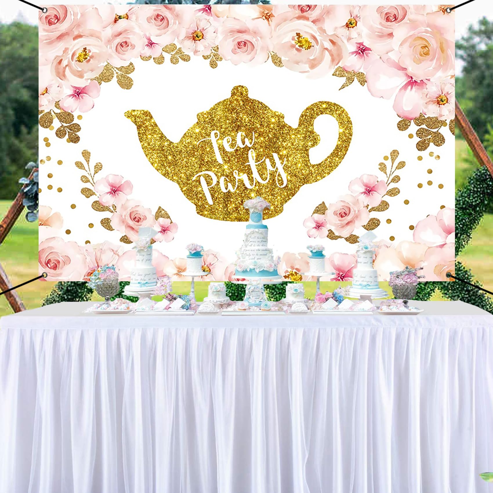 Renaiss 6x3.6ft Tea Party Banner Tea Party Theme Bridal Shower Decoration Pink Gold Glittering Teapot Tea Party Hanging Backdrop Princess Wonderland Tea Party Theme Birthday Baby Shower Yard Sign - Image 4