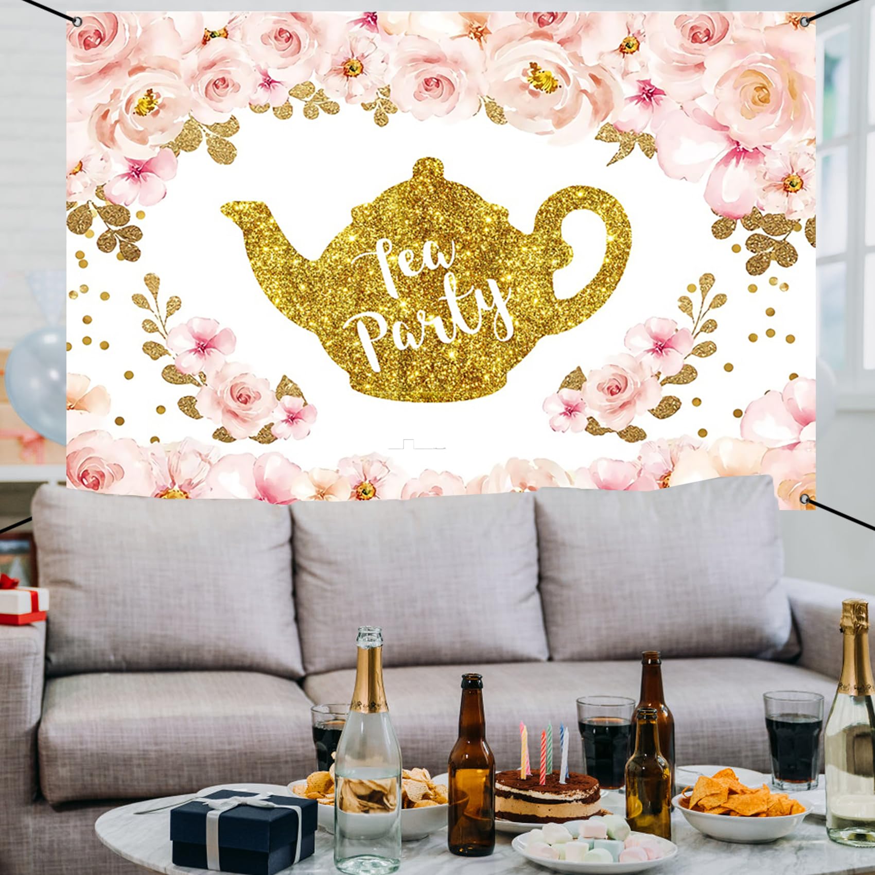 Renaiss 6x3.6ft Tea Party Banner Tea Party Theme Bridal Shower Decoration Pink Gold Glittering Teapot Tea Party Hanging Backdrop Princess Wonderland Tea Party Theme Birthday Baby Shower Yard Sign - Image 6