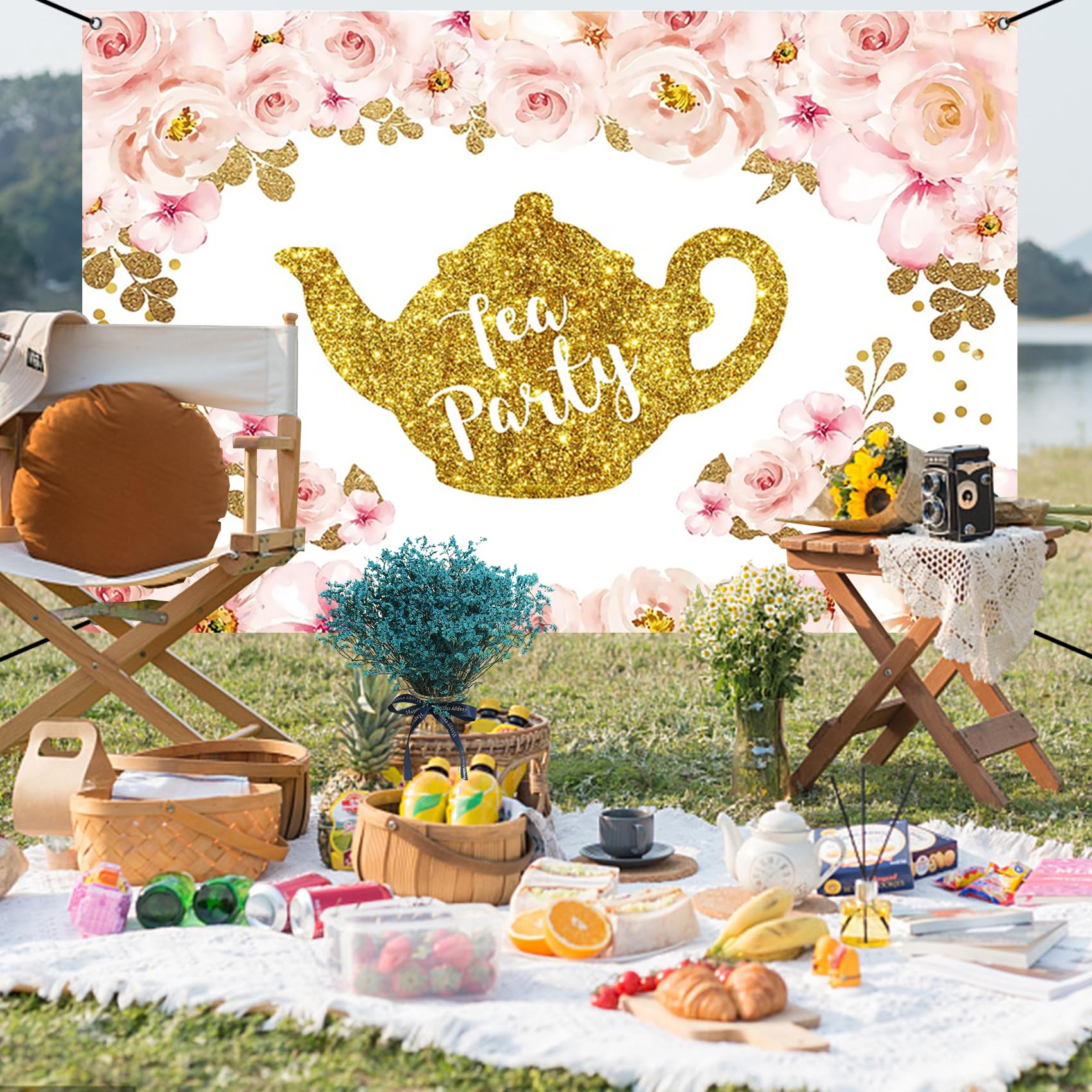 Renaiss 6x3.6ft Tea Party Banner Tea Party Theme Bridal Shower Decoration Pink Gold Glittering Teapot Tea Party Hanging Backdrop Princess Wonderland Tea Party Theme Birthday Baby Shower Yard Sign - Image 7