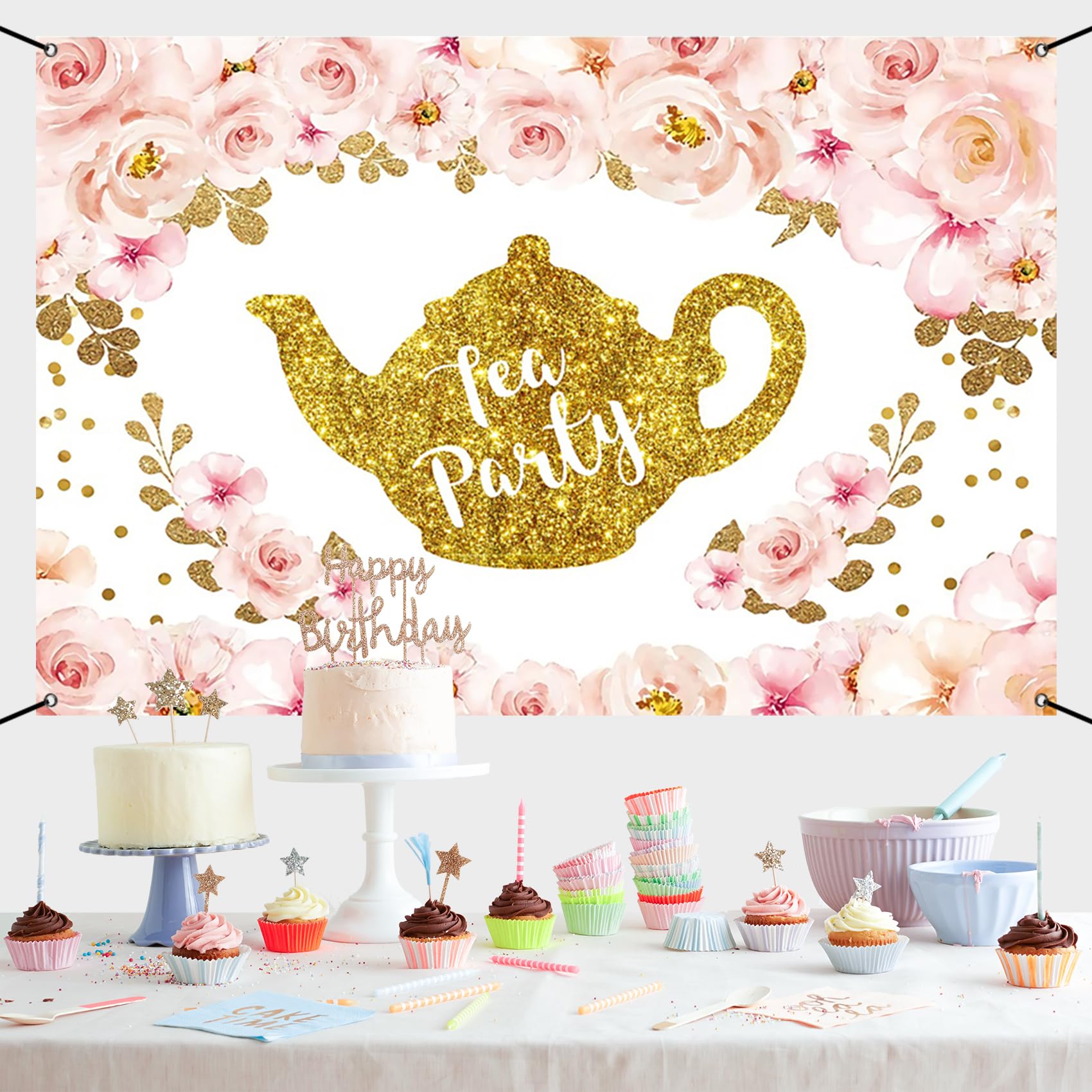 Renaiss 6x3.6ft Tea Party Banner Tea Party Theme Bridal Shower Decoration Pink Gold Glittering Teapot Tea Party Hanging Backdrop Princess Wonderland Tea Party Theme Birthday Baby Shower Yard Sign - Image 8