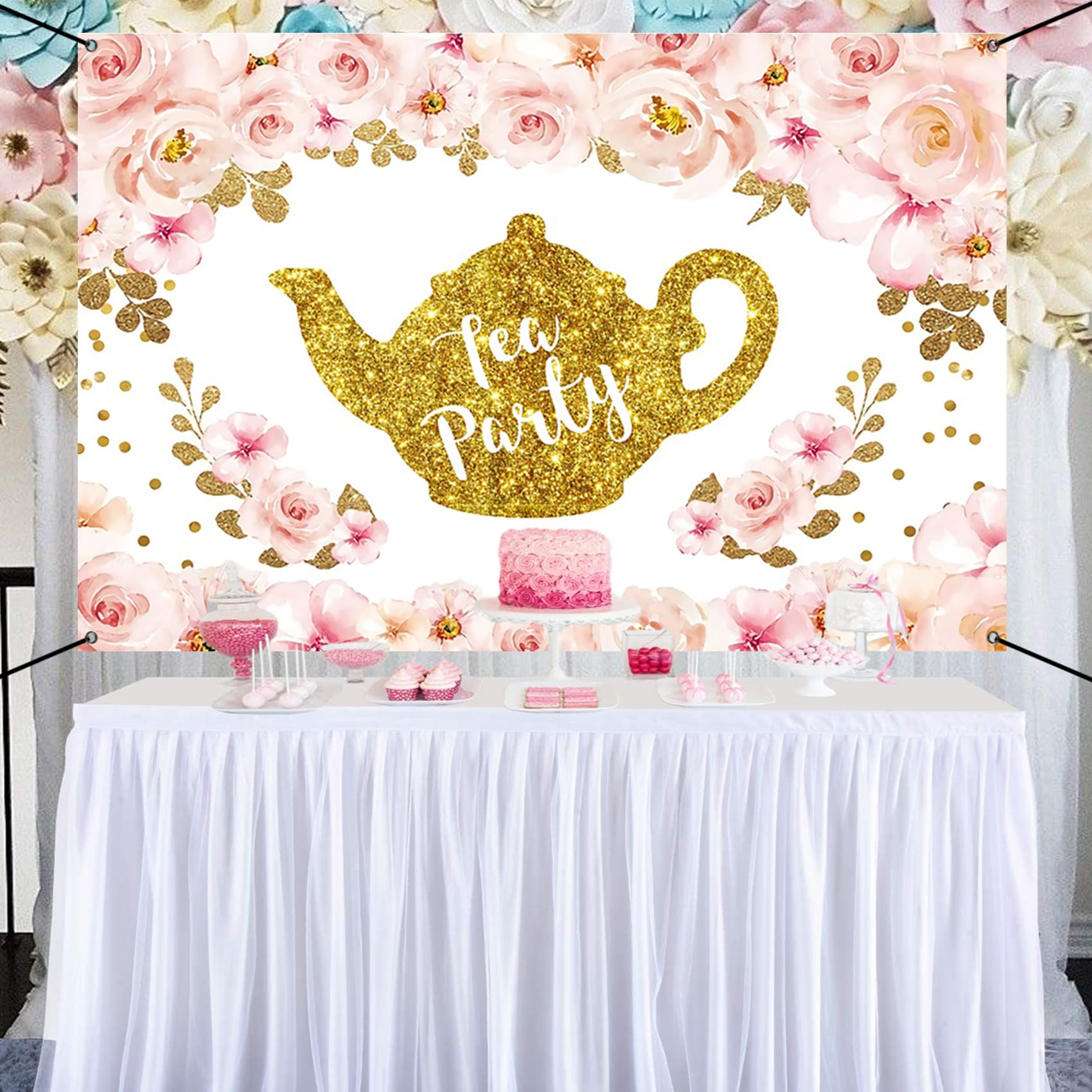 Renaiss 6x3.6ft Tea Party Banner Tea Party Theme Bridal Shower Decoration Pink Gold Glittering Teapot Tea Party Hanging Backdrop Princess Wonderland Tea Party Theme Birthday Baby Shower Yard Sign - Image 9