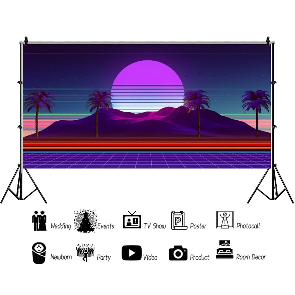 Renaiss 6x3ft Retro Futuristic Cyber World Backdrop Retrowave 1980s Style Digital Landscape Photography Background Highway Palm Trees Mountains Sunset Vintage Neon 80s Dance Night Party Decor Banner - Image 3
