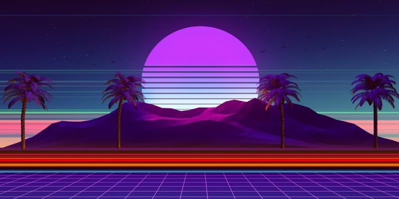 Renaiss 6x3ft Retro Futuristic Cyber World Backdrop Retrowave 1980s Style Digital Landscape Photography Background Highway Palm Trees Mountains Sunset Vintage Neon 80s Dance Night Party Decor Banner - Image 4