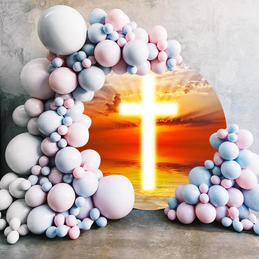 Renaiss 6x6ft Holy Light Heaven Cross Round Backdrop Cover Red Clouds Gold Sea Paradise Crucifix Easter Circle Photography Background Christian Party Decors Church Event Arch Photo Booth Props - Image 3