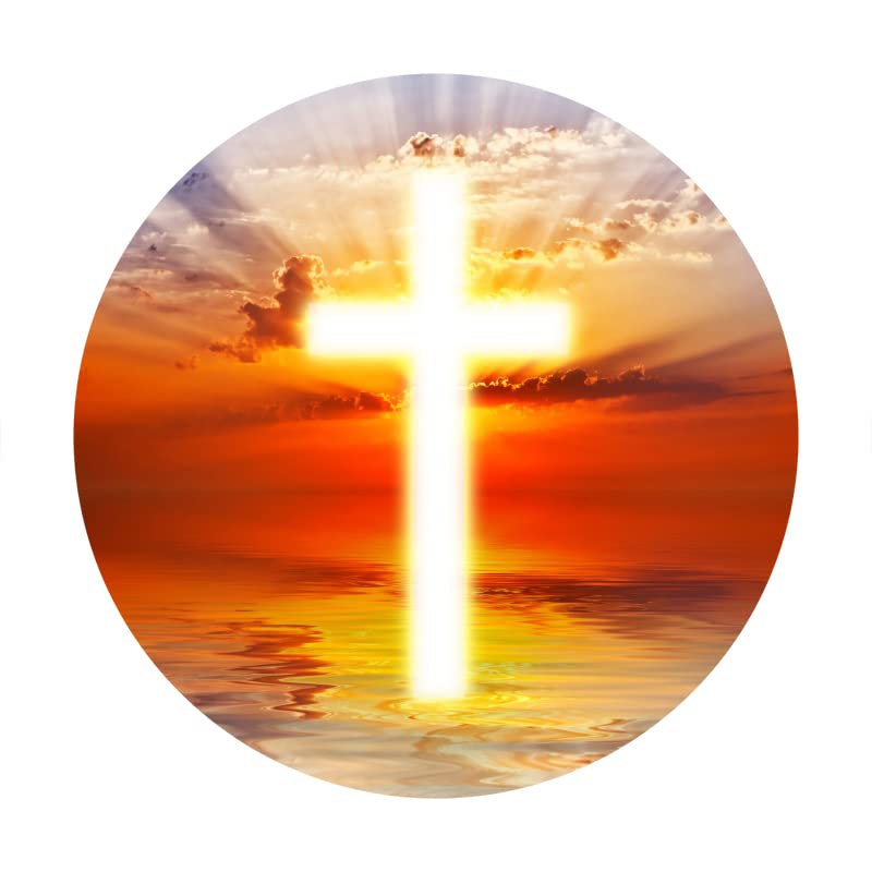 Renaiss 6x6ft Holy Light Heaven Cross Round Backdrop Cover Red Clouds Gold Sea Paradise Crucifix Easter Circle Photography Background Christian Party Decors Church Event Arch Photo Booth Props - Image 4