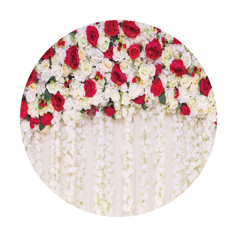 Renaiss 6x6ft Red White Rose Round Backdrop Covers White Chiffon Curtain Floral Stage Scene Flowers Circle Photography Background Bridal Baby Shower Wedding Birthday Party Decor Photo Booth Props - Image 4