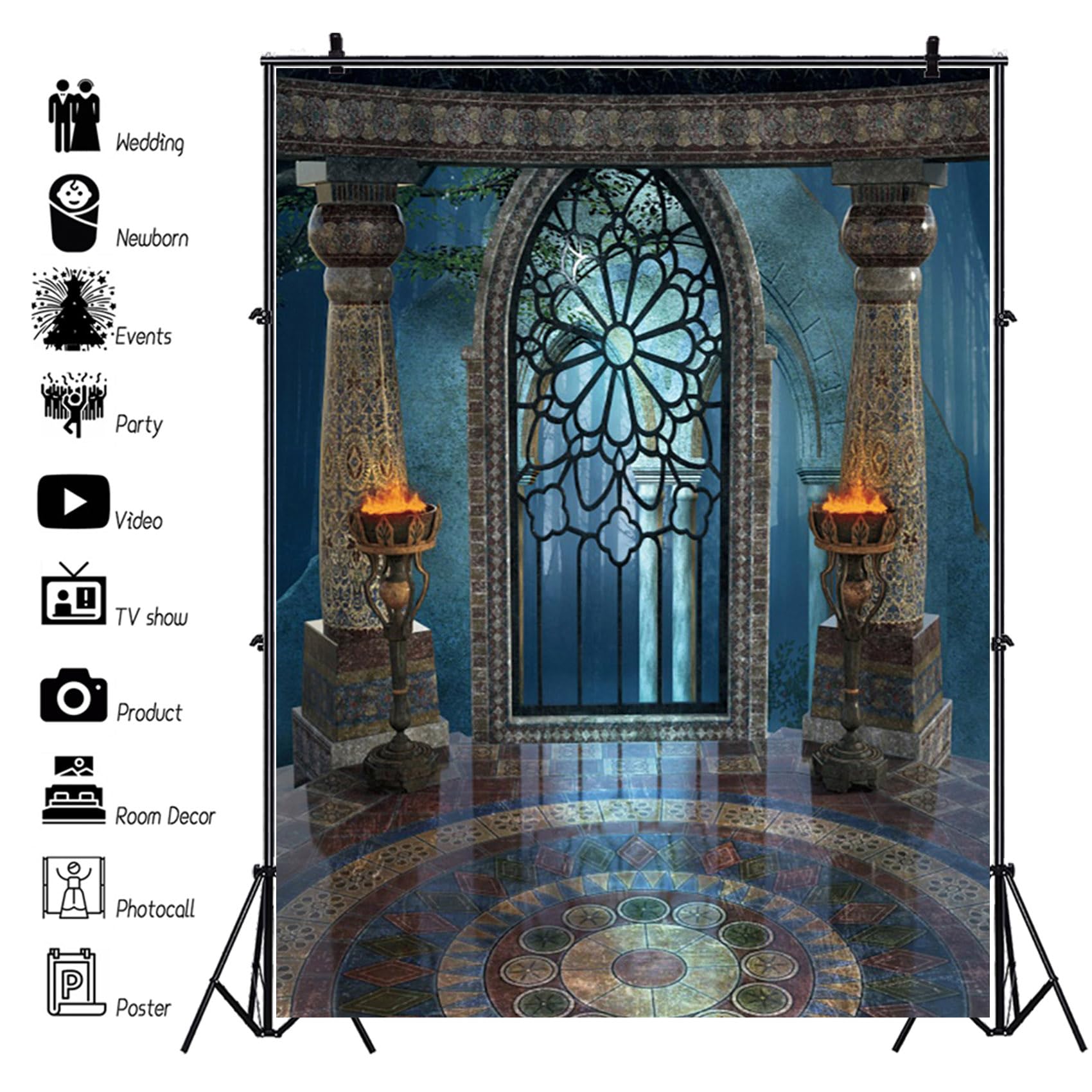 Renaiss 6x8ft Medieval Castle Backdrop for Photoshoot Portrait Pillar Torch Gothic Stone Tower Ancient Old Fortress Interior Photography Background Halloween Party Decor Wallpaper Photo Studio Props - Image 4