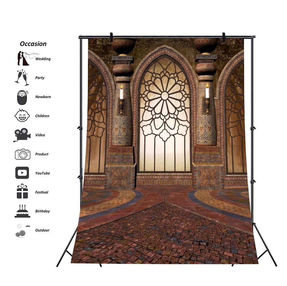 Renaiss 6x8ft Medieval Castle Interior Backdrop for Photoshoot Artistic Portrait Painted Pillars Brick Floor Arched Window Photography Background Party Decors Wedding Photo Studio Props Wallpaper - Image 3