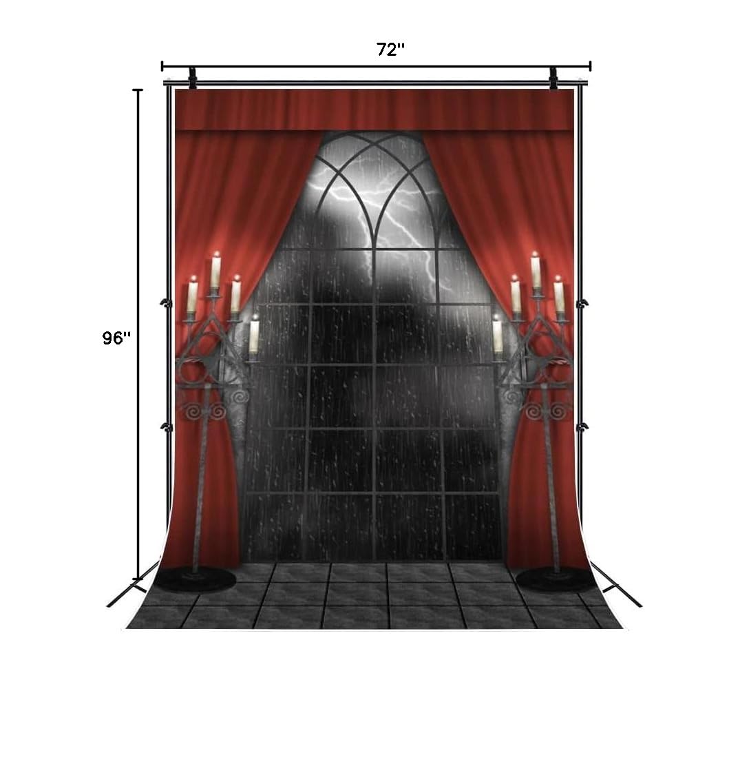 Renaiss 6x8ft Vintage Gothic Window Backdrop Red Curtain Candlestick Black Floor Lightning Stormy Sky Vampire Medieval Castle Photography Background Halloween Dress Up Party Decors Photo Booth Props - Image 11