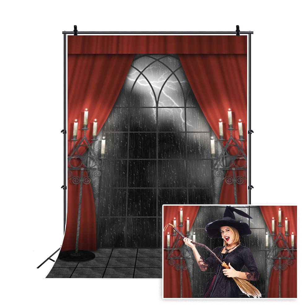 Renaiss 6x8ft Vintage Gothic Window Backdrop Red Curtain Candlestick Black Floor Lightning Stormy Sky Vampire Medieval Castle Photography Background Halloween Dress Up Party Decors Photo Booth Props - Image 3