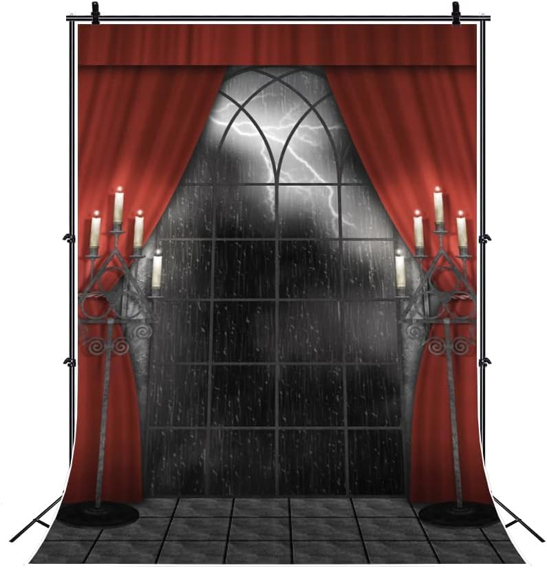 Renaiss 6x8ft Vintage Gothic Window Backdrop Red Curtain Candlestick Black Floor Lightning Stormy Sky Vampire Medieval Castle Photography Background Halloween Dress Up Party Decors Photo Booth Props - Image 4