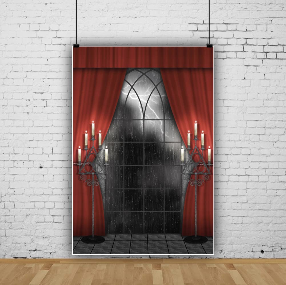 Renaiss 6x8ft Vintage Gothic Window Backdrop Red Curtain Candlestick Black Floor Lightning Stormy Sky Vampire Medieval Castle Photography Background Halloween Dress Up Party Decors Photo Booth Props - Image 5