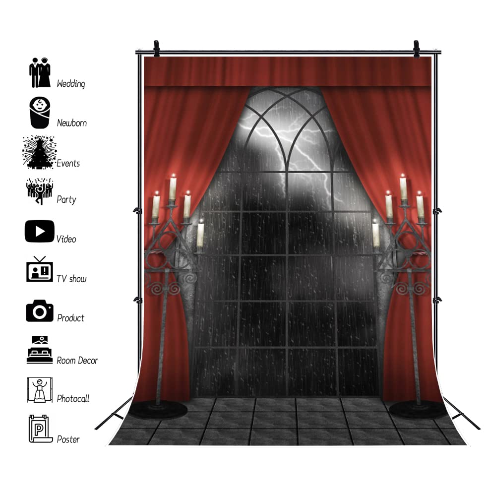 Renaiss 6x8ft Vintage Gothic Window Backdrop Red Curtain Candlestick Black Floor Lightning Stormy Sky Vampire Medieval Castle Photography Background Halloween Dress Up Party Decors Photo Booth Props - Image 6