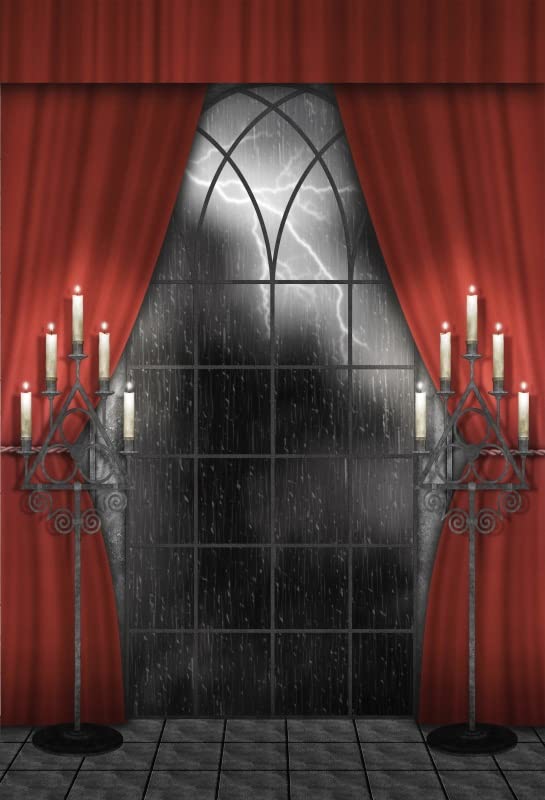 Renaiss 6x8ft Vintage Gothic Window Backdrop Red Curtain Candlestick Black Floor Lightning Stormy Sky Vampire Medieval Castle Photography Background Halloween Dress Up Party Decors Photo Booth Props - Image 7