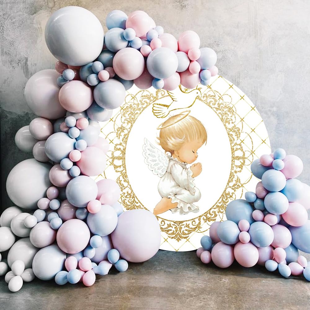 Renaiss 7.2x7.2ft Baby Angel Round Backdrop Cover Pigeon Glittering Garland Little Angel Circle Photography Background Baby Shower Baptism First Holy Communion Birthday Party Decor Photo Booth Props - Image 3
