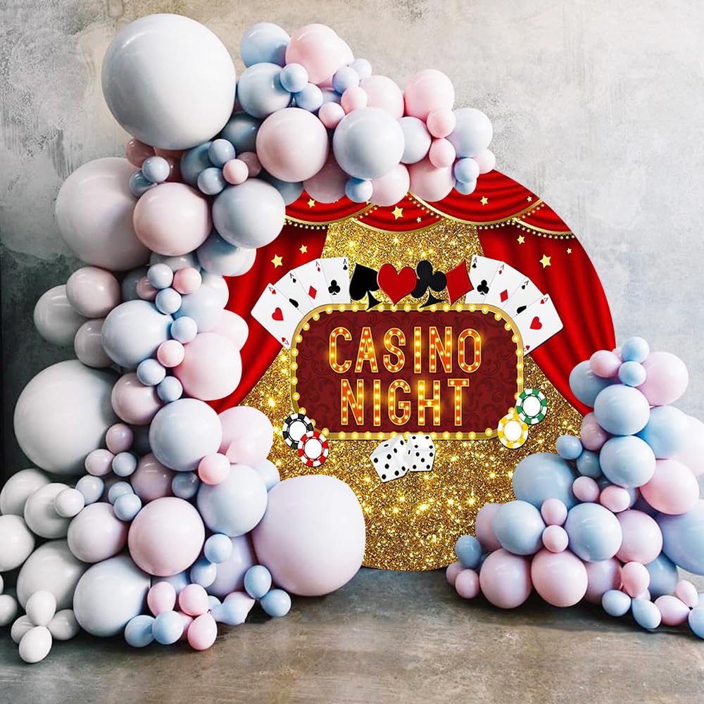 Renaiss 7.2x7.2ft Casino Night Round Backdrop Cover Las Vegas Gold Glittering Circle Photography Background Poker Dice Red Curtains Dress-Up Prom Casino Birthday Party Decors Arch Photo Booth Props - Image 3