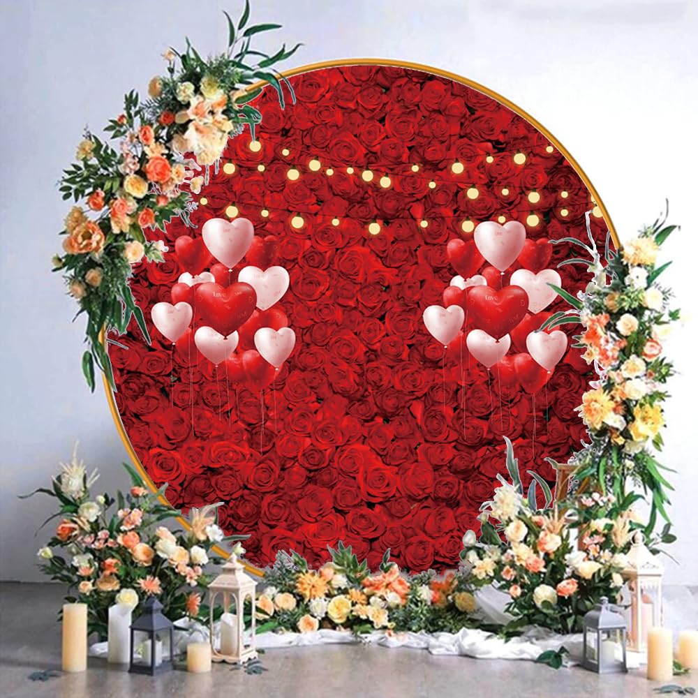 Renaiss 7.2x7.2ft Red Rose Flowers Round Backdrop Cover Love Heart Valentine's Day Mother's Day Circle Photography Background Bridal Shower Wedding Girls Birthday Party Decor Arch Photo Booth Props - Image 4