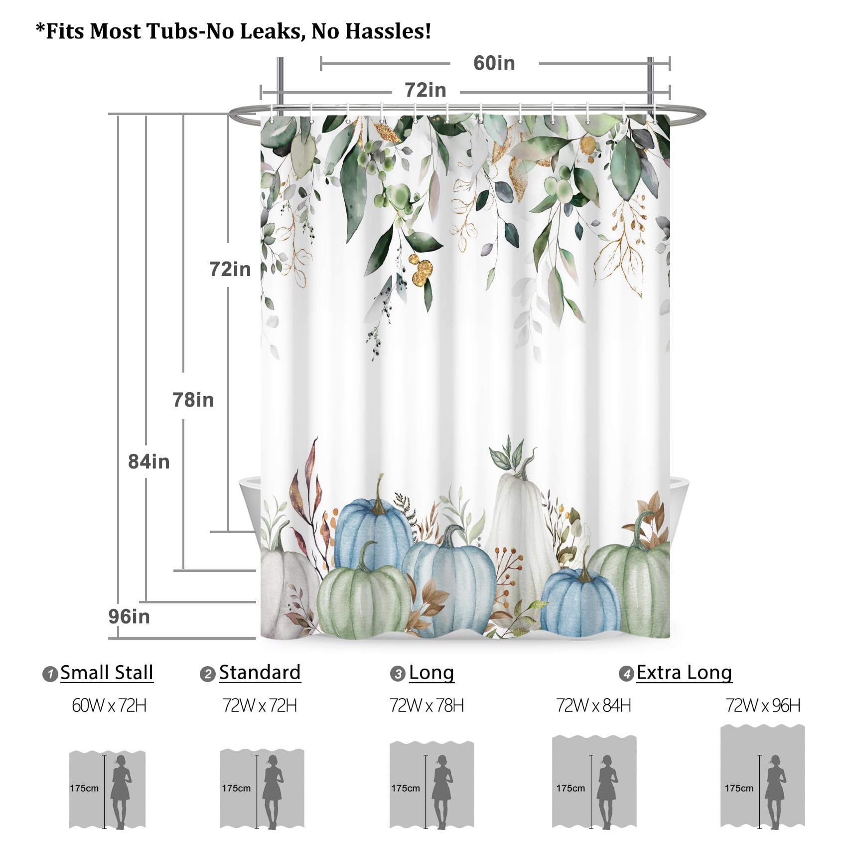 Renaiss 72 x 78 Inch Fall Pumpkin Shower Curtain Sets Green Golden Autumn Leaves Thanksgiving Decorative Bath Shower Curtain for Bathroom Polyester Fabric Waterproof Bathroom Curtain with 12 Hooks - Image 5