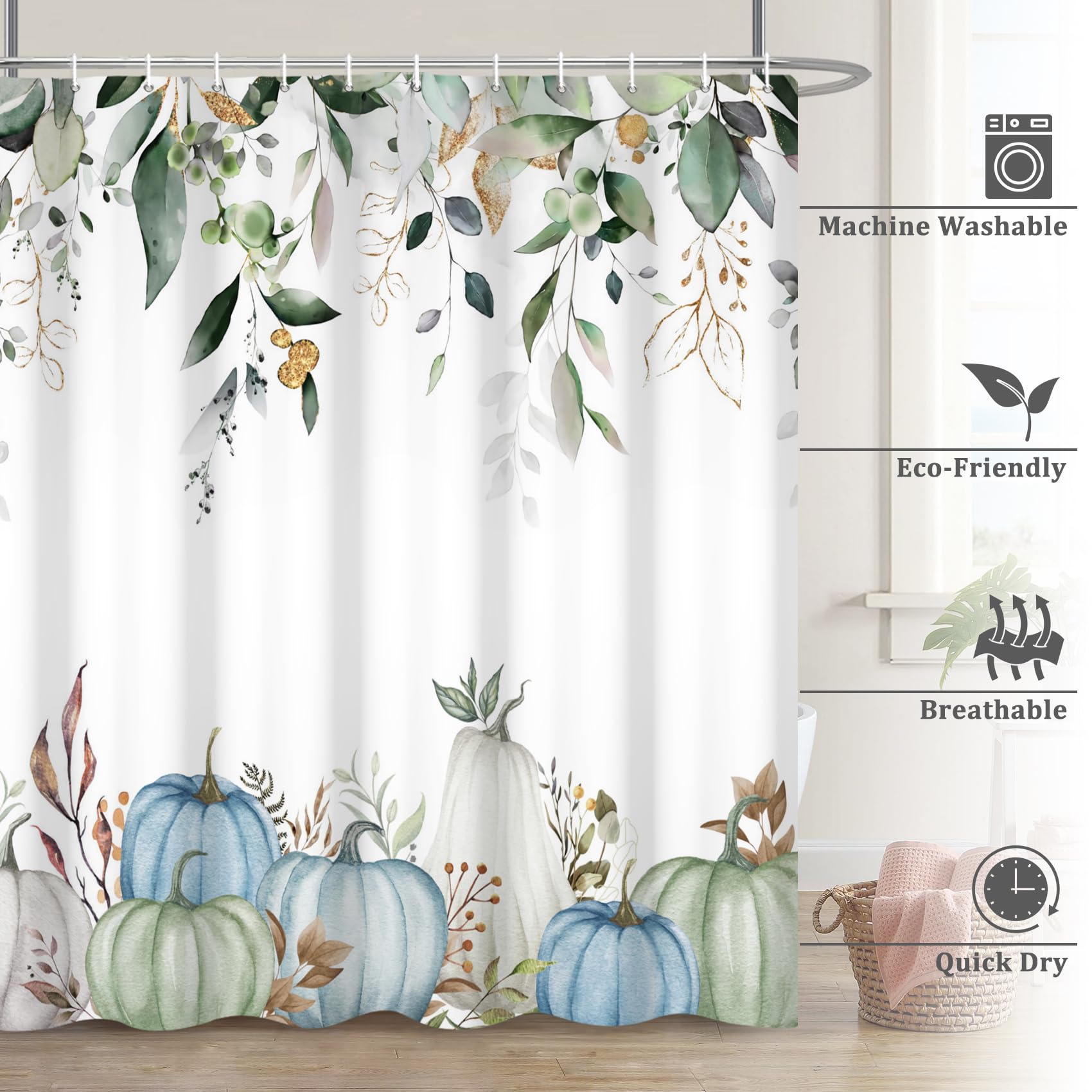 Renaiss 72 x 78 Inch Fall Pumpkin Shower Curtain Sets Green Golden Autumn Leaves Thanksgiving Decorative Bath Shower Curtain for Bathroom Polyester Fabric Waterproof Bathroom Curtain with 12 Hooks - Image 6